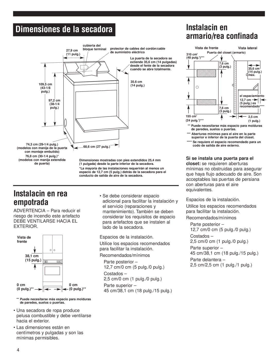 Whirlpool 8535840 installation instructions Instalación en área empotrada, Vista de frente 38,1 cm Pulg 