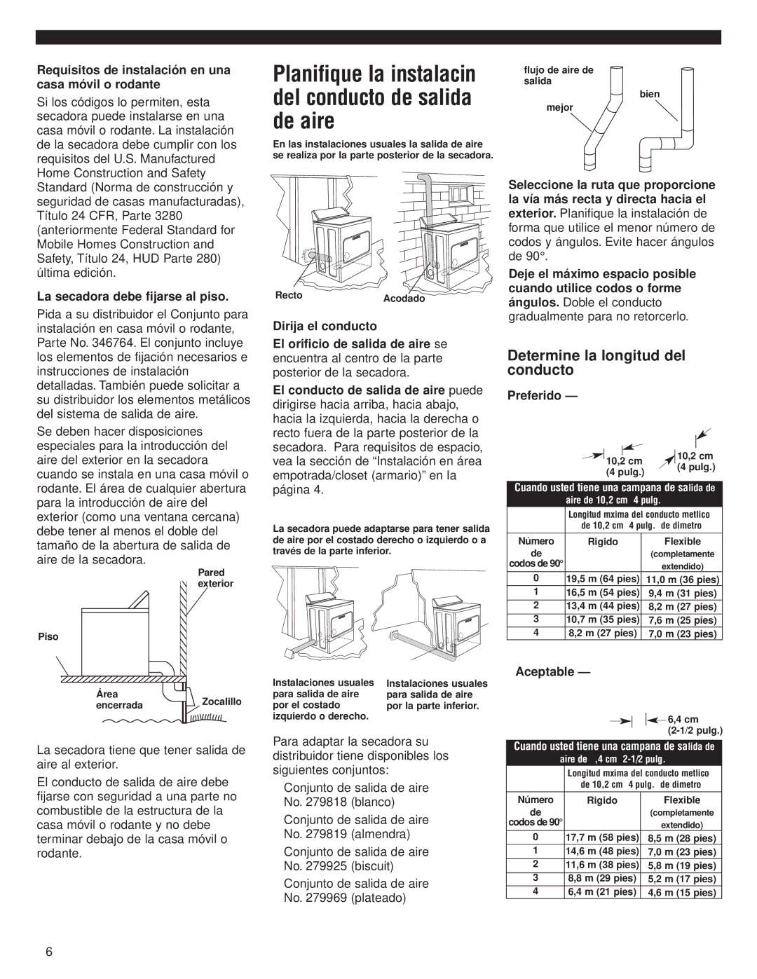 Whirlpool 8535840 Determine la longitud del conducto, Requisitos de instalación en una casa móvil o rodante, Preferido 