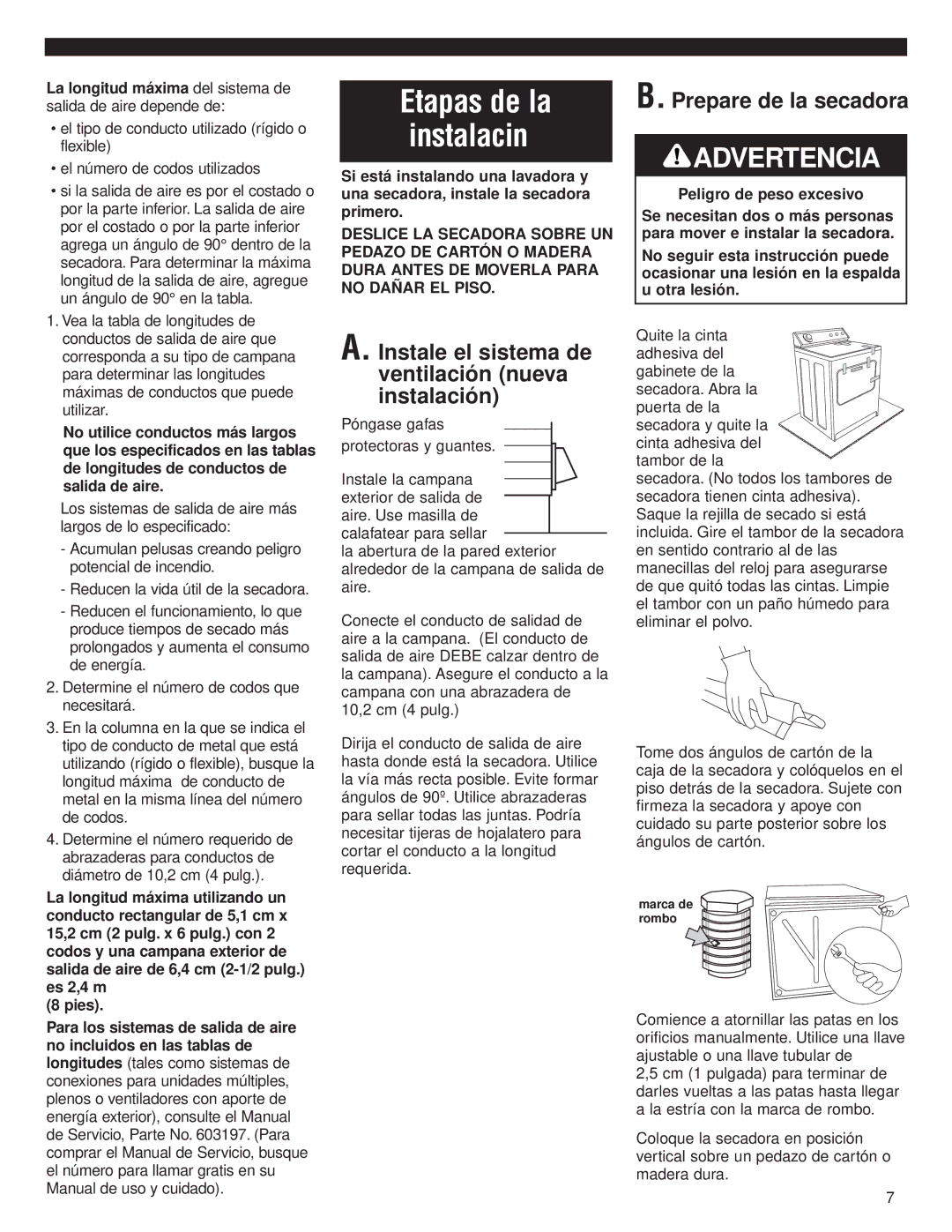 Whirlpool 8535840 Instale el sistema de ventilación nueva instalación, Prepare de la secadora, Marca de rombo 