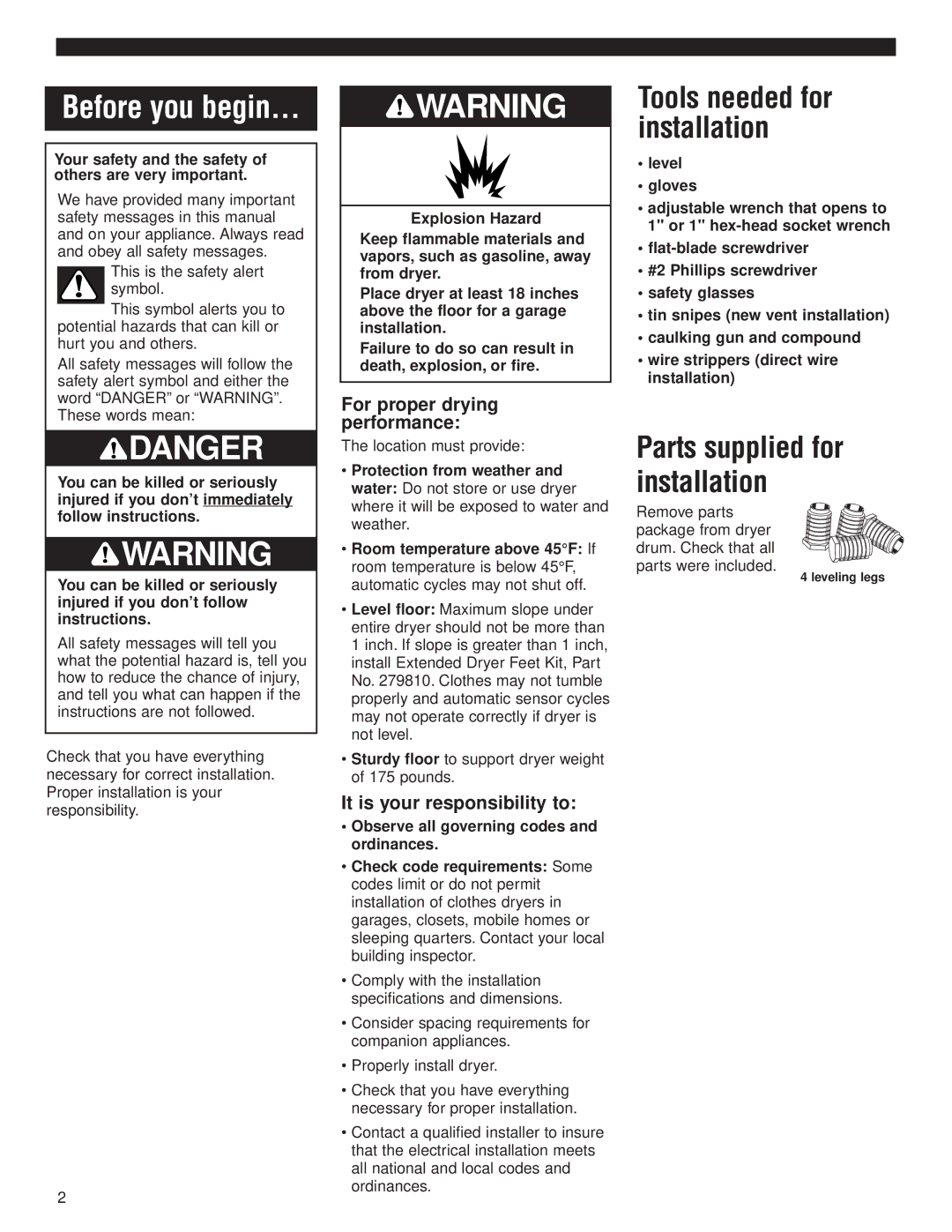 Whirlpool 8535840 Tools needed for installation, Parts supplied for installation, For proper drying performance 