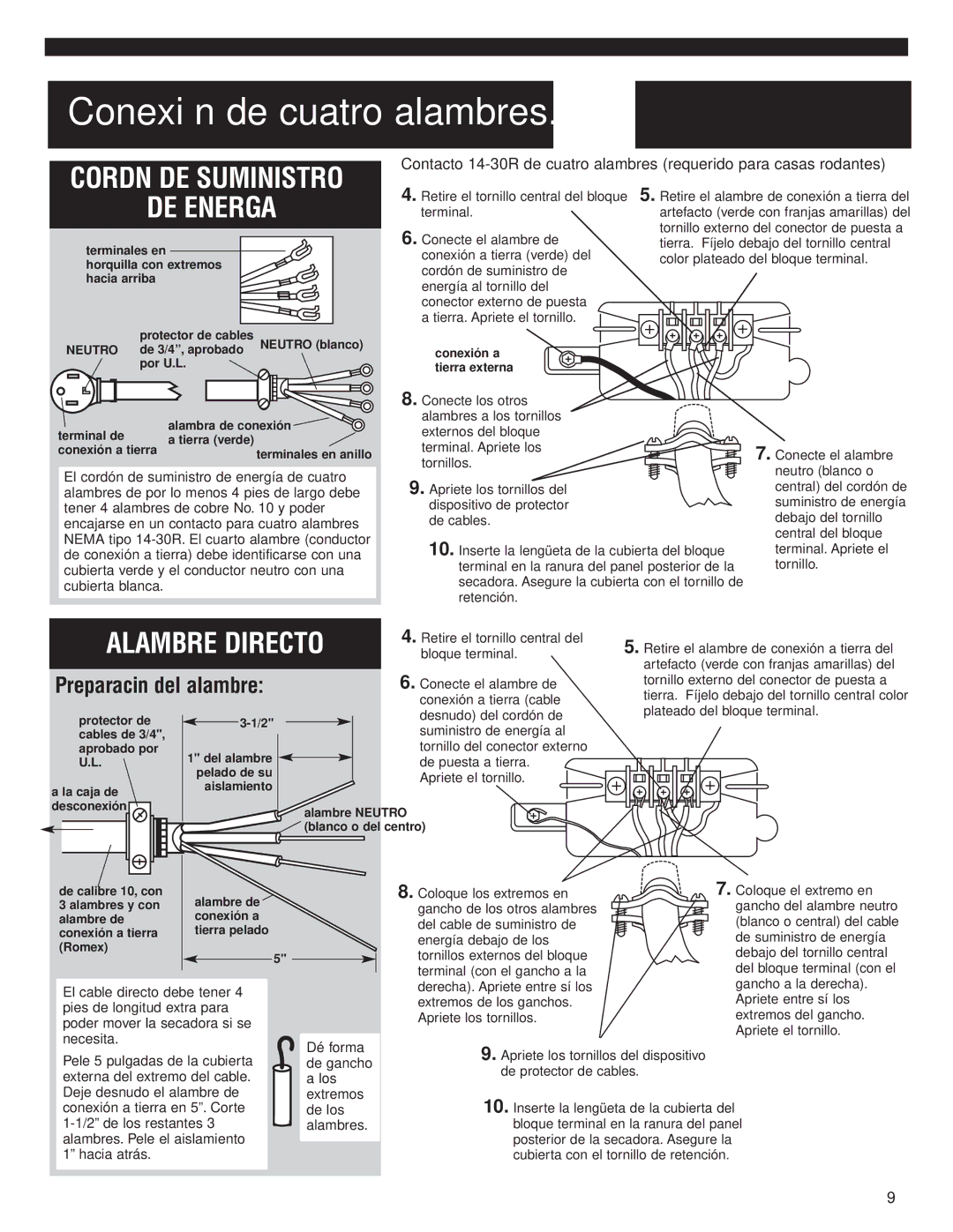 Whirlpool 8535840 installation instructions Conexión de cuatro alambres, Preparación del alambre 