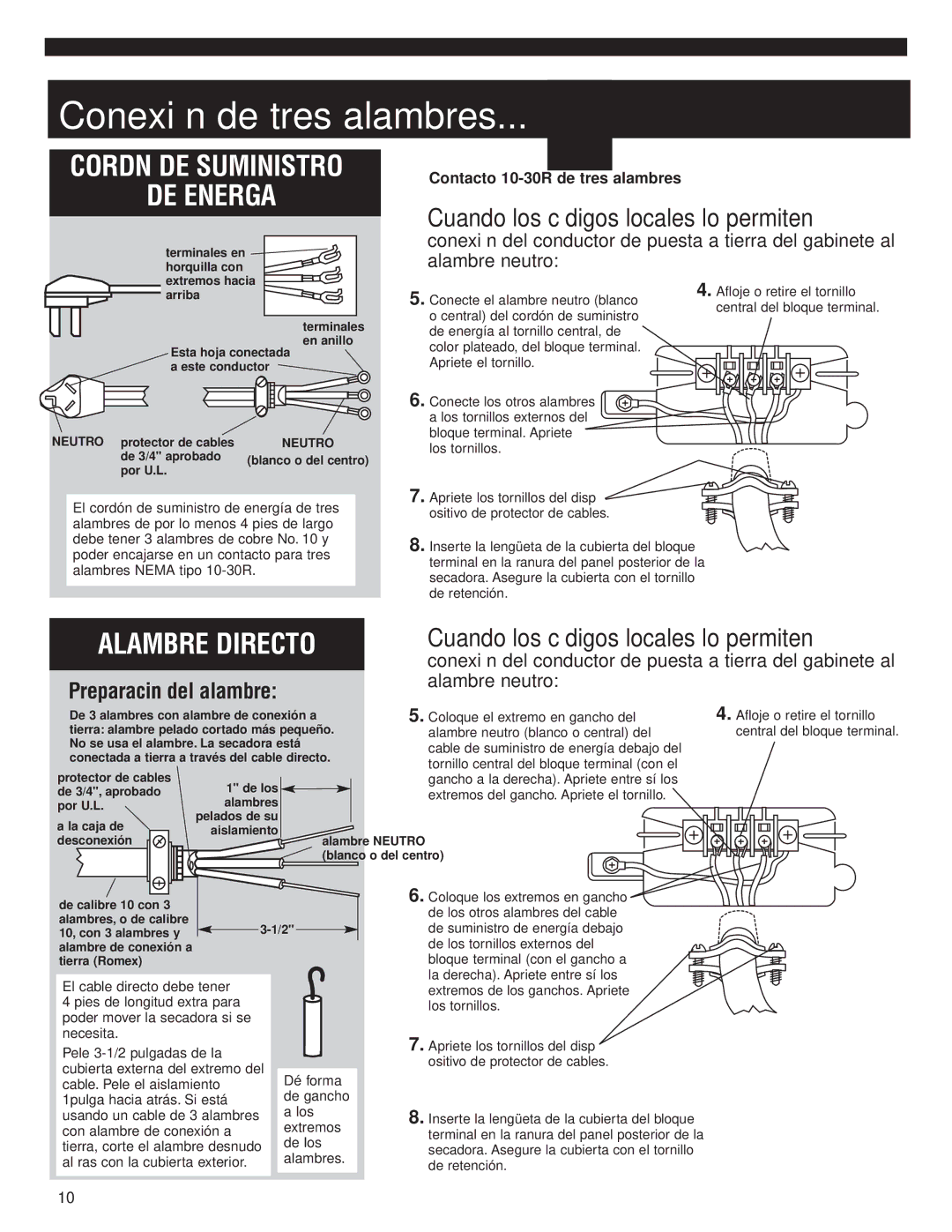 Whirlpool 8535840 Conexión de tres alambres, Cuando los códigos locales lo permiten, Contacto 10-30R de tres alambres 