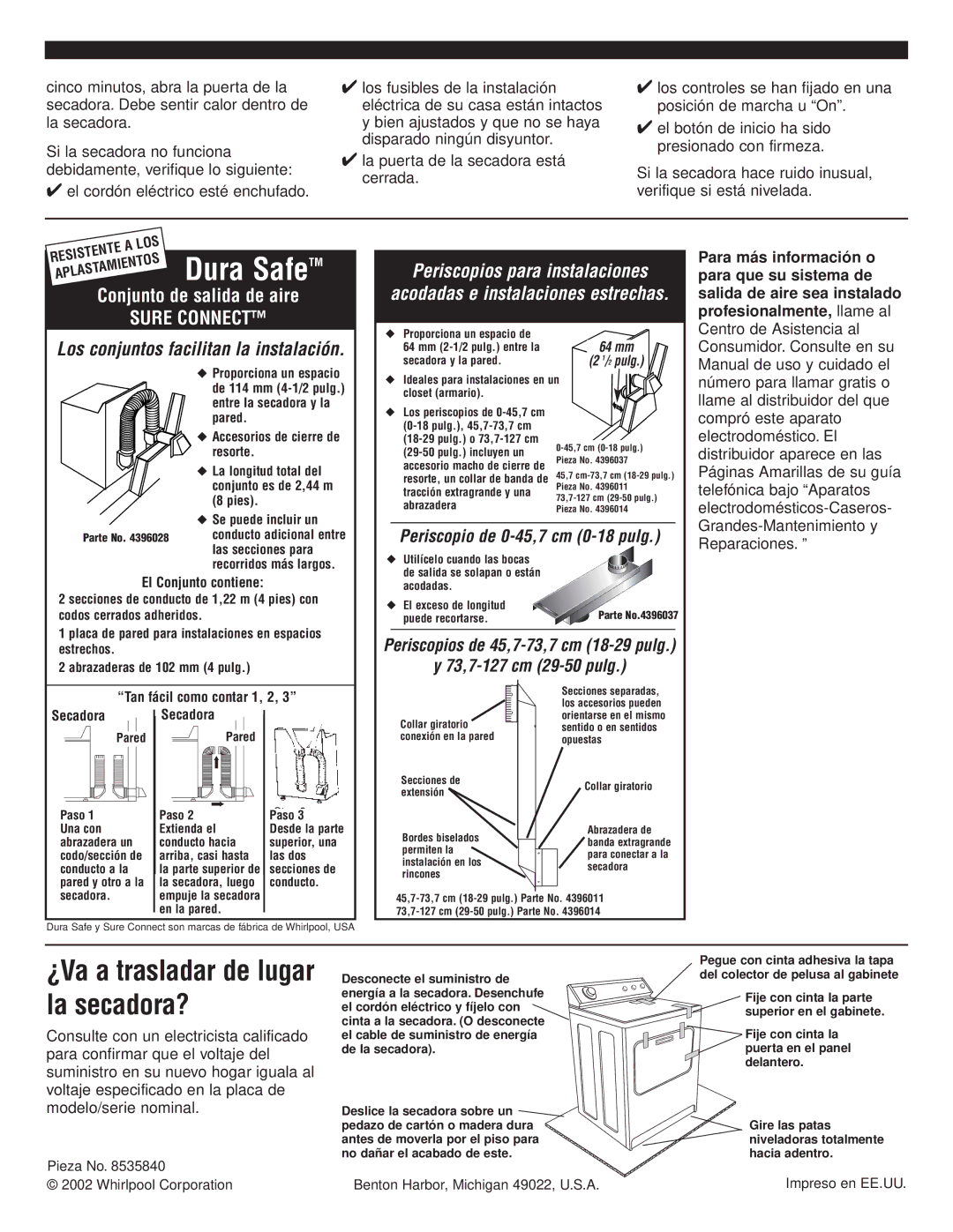 Whirlpool 8535840 installation instructions ¿Va a trasladar de lugar la secadora? 