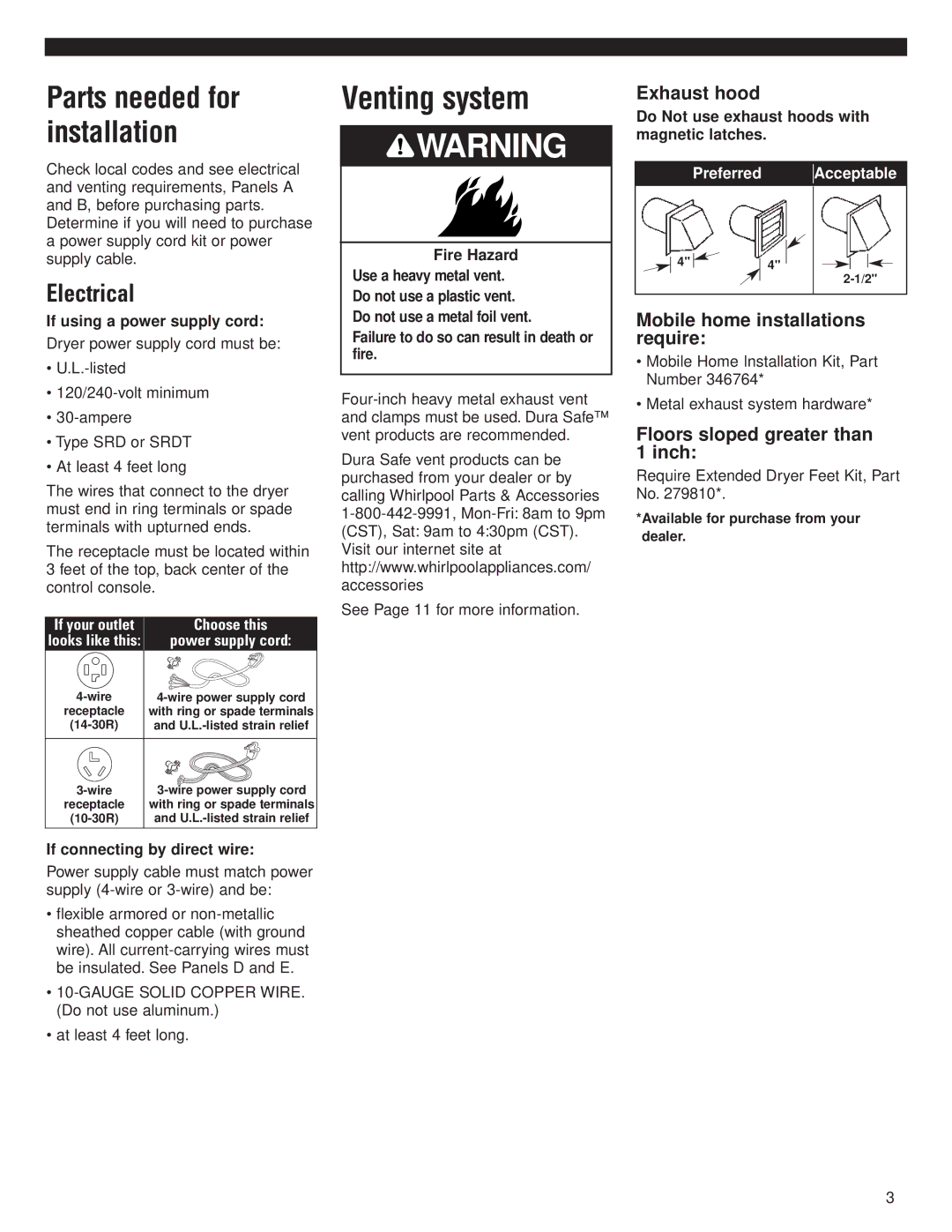 Whirlpool 8535840 installation instructions Venting system, Parts needed for installation, Electrical 