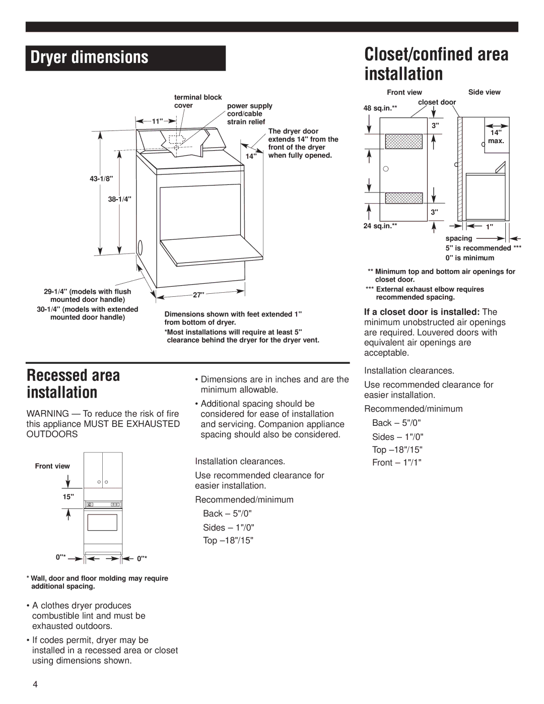 Whirlpool 8535840 installation instructions Closet/confined area installation, 43-1/8 38-1/4 Terminal block cover 