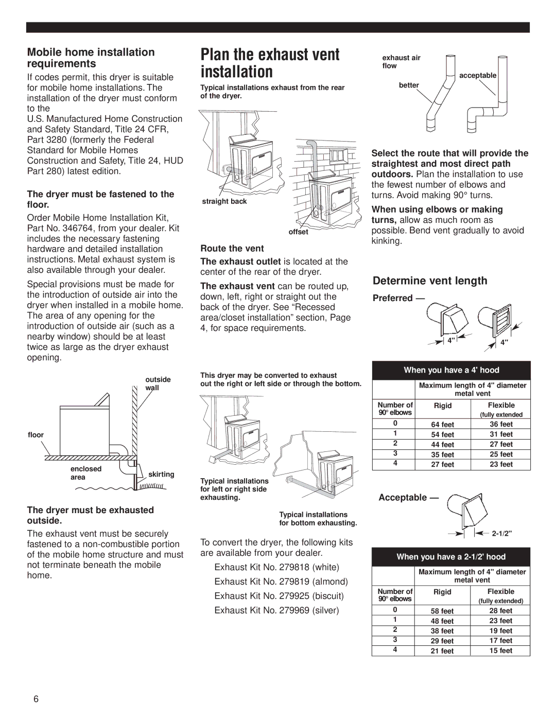 Whirlpool 8535840 Plan the exhaust vent, Installation, Mobile home installation requirements, Determine vent length 