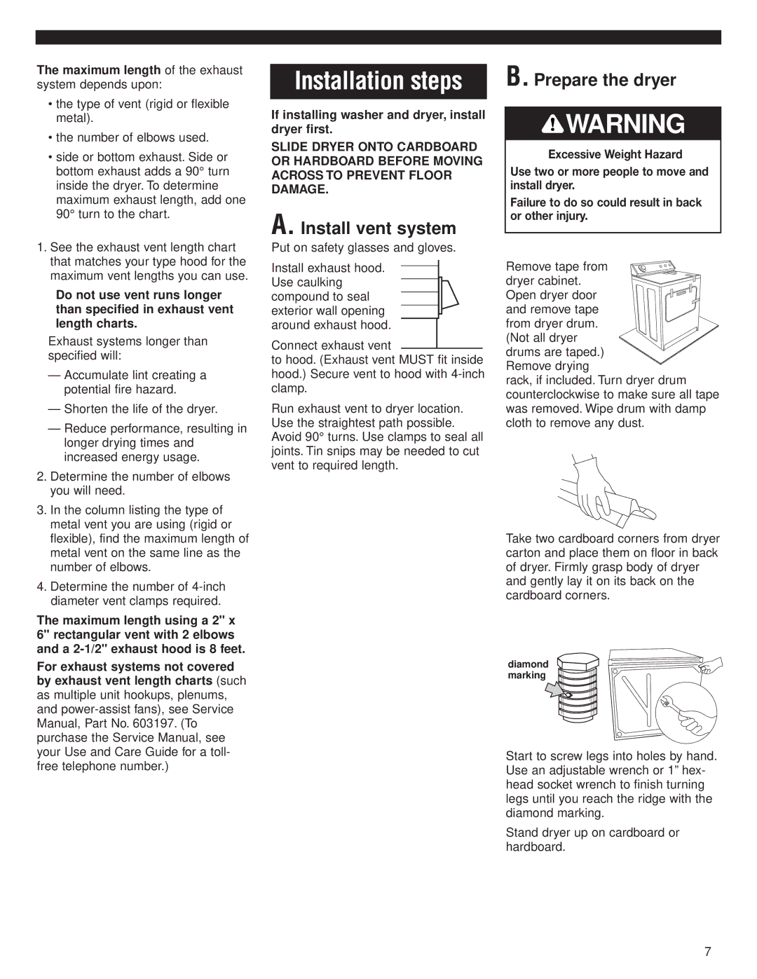 Whirlpool 8535840 Install vent system, Prepare the dryer, Maximum length of the exhaust system depends upon 