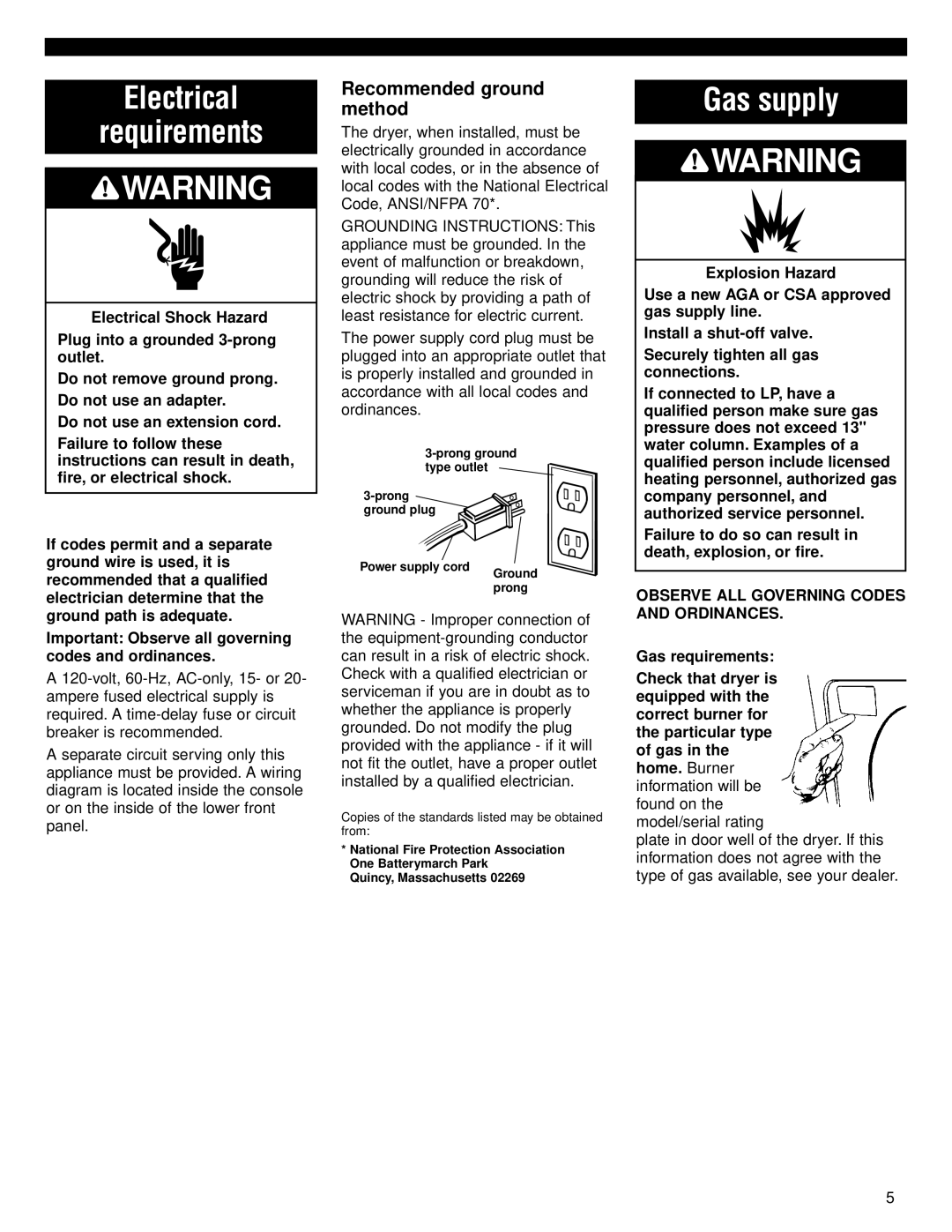 Whirlpool 8535841 Electrical Requirements, Gas supply, Recommended ground method, Power supply cord Ground prong 