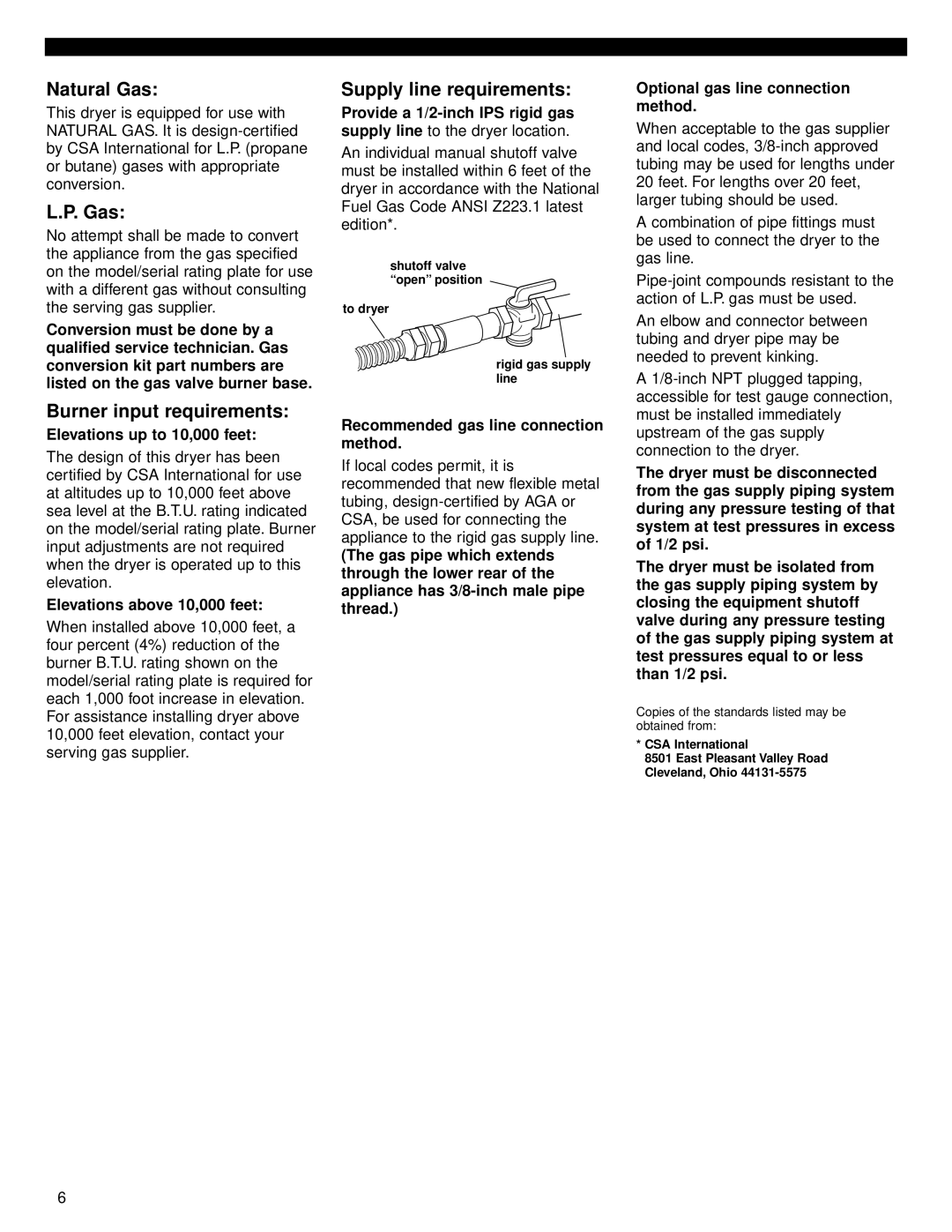 Whirlpool 8535841 installation instructions Natural Gas, Burner input requirements, Supply line requirements 