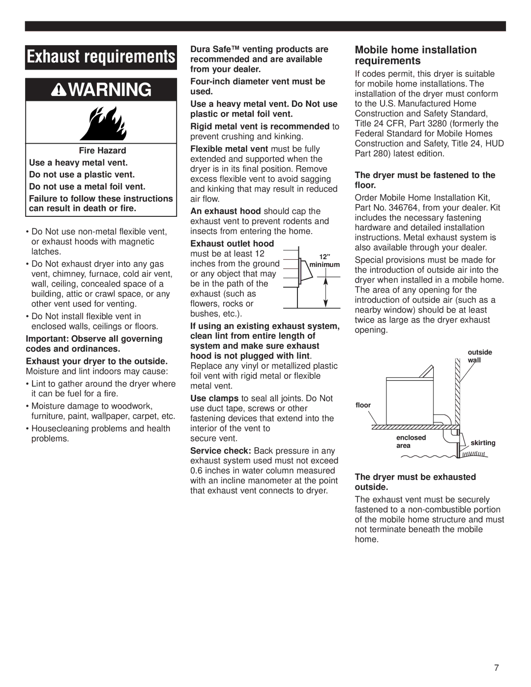 Whirlpool 8535841 installation instructions Mobile home installation requirements, Dryer must be fastened to the floor 