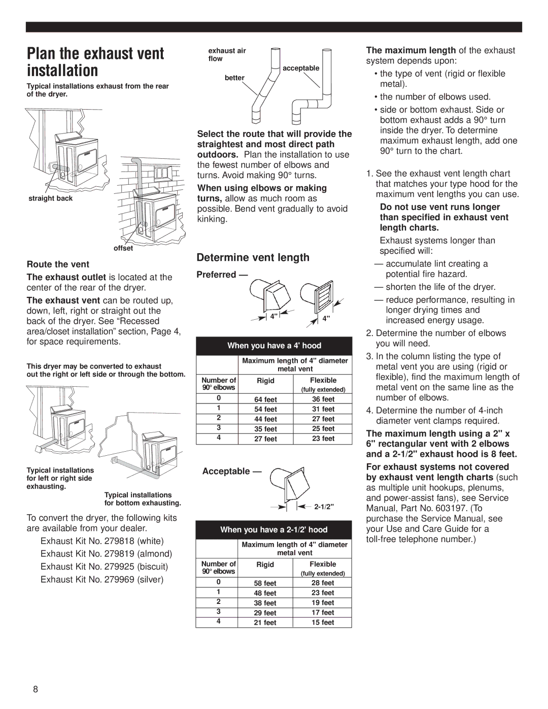 Whirlpool 8535841 Plan the exhaust vent installation, Determine vent length, Preferred, Acceptable 