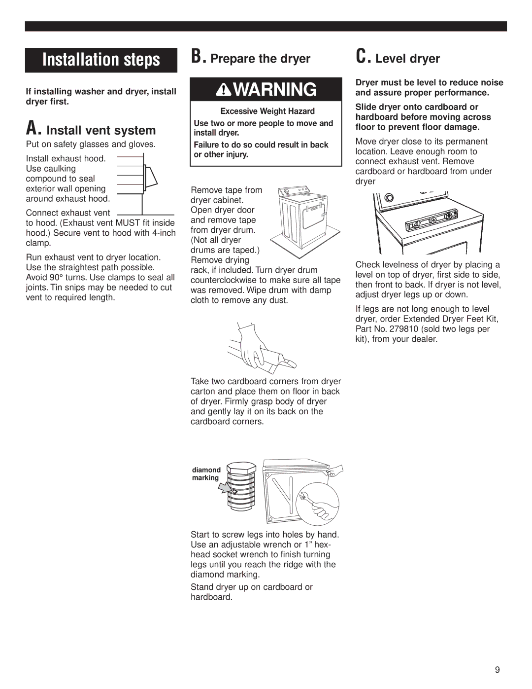 Whirlpool 8535841 installation instructions Installation steps, Install vent system, Prepare the dryer, Level dryer 