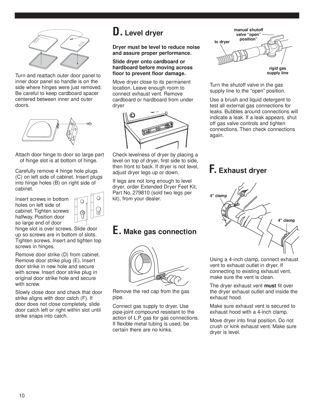 Whirlpool 8535845 installation instructions Level dryer, Make gas connection, Exhaust dryer 