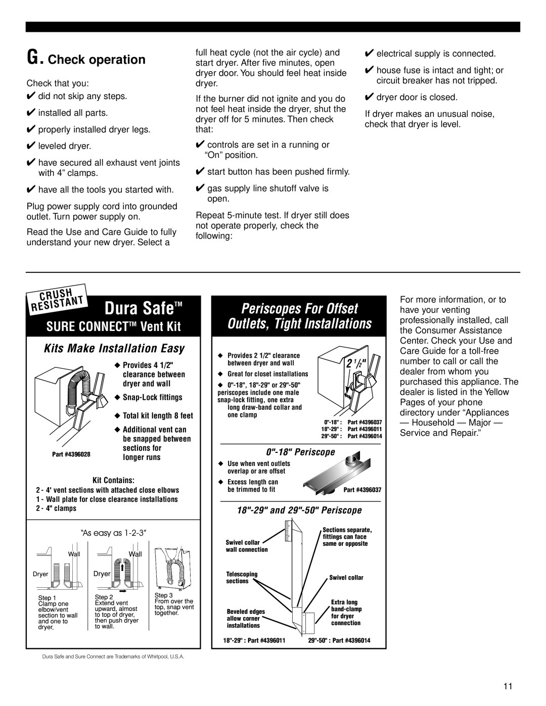 Whirlpool 8535845 installation instructions Dura Safe, Check operation 