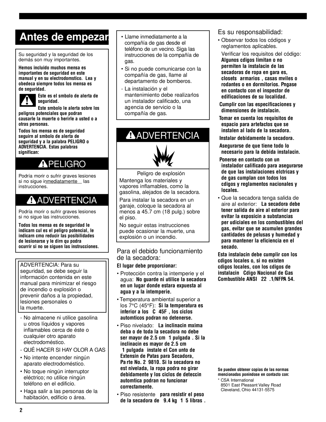 Whirlpool 8535845 Para el debido funcionamiento de la secadora, Es su responsabilidad, QUÉ Hacer SI HAY Olor a GAS 