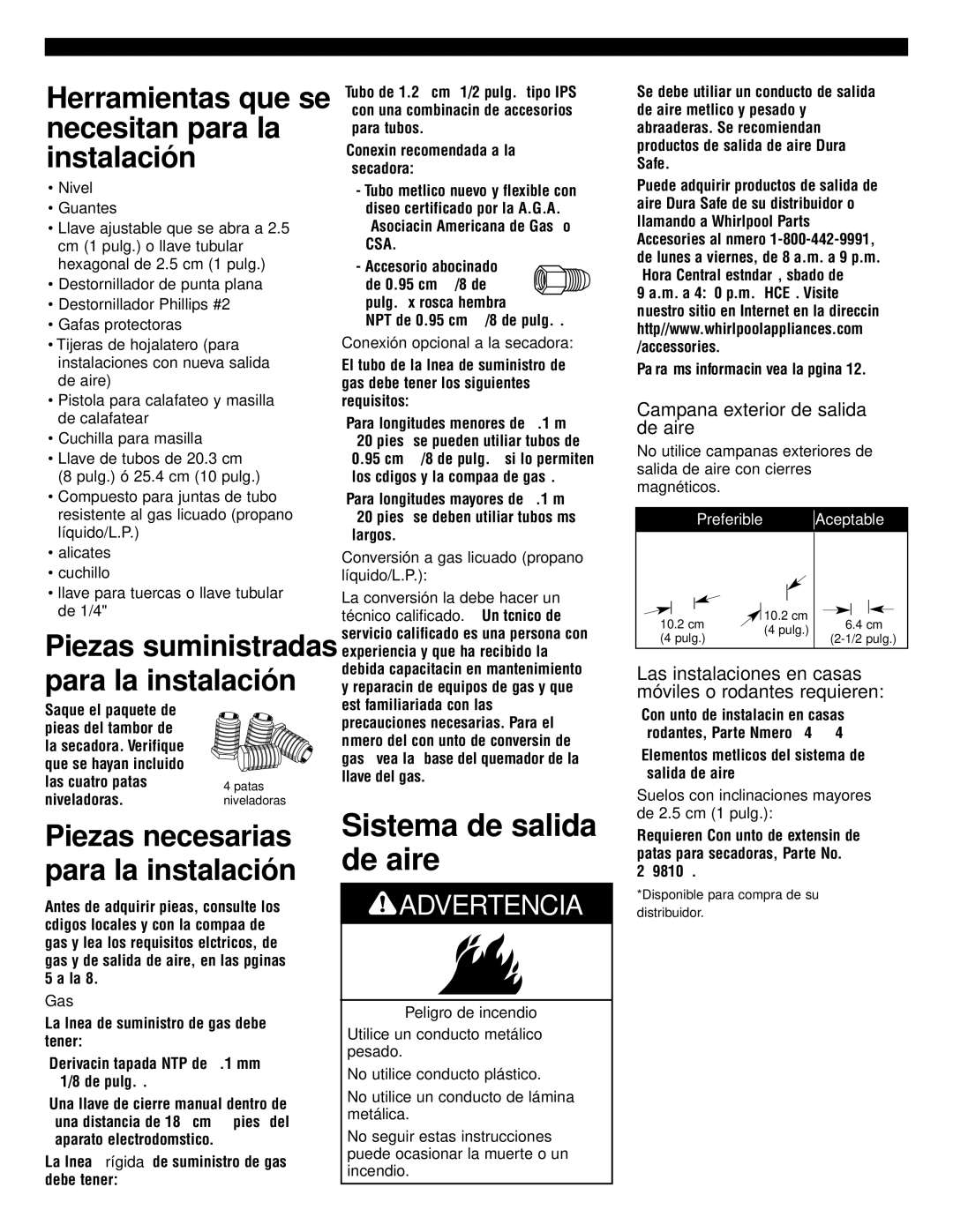 Whirlpool 8535845 installation instructions Sistema de salida de aire, Campana exterior de salida de aire 