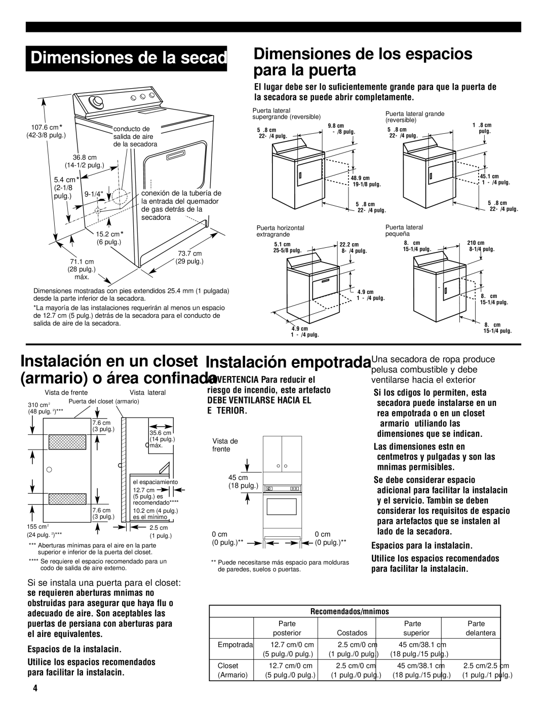 Whirlpool 8535845 Dimensiones de los espacios para la puerta, Si se instala una puerta para el closet 