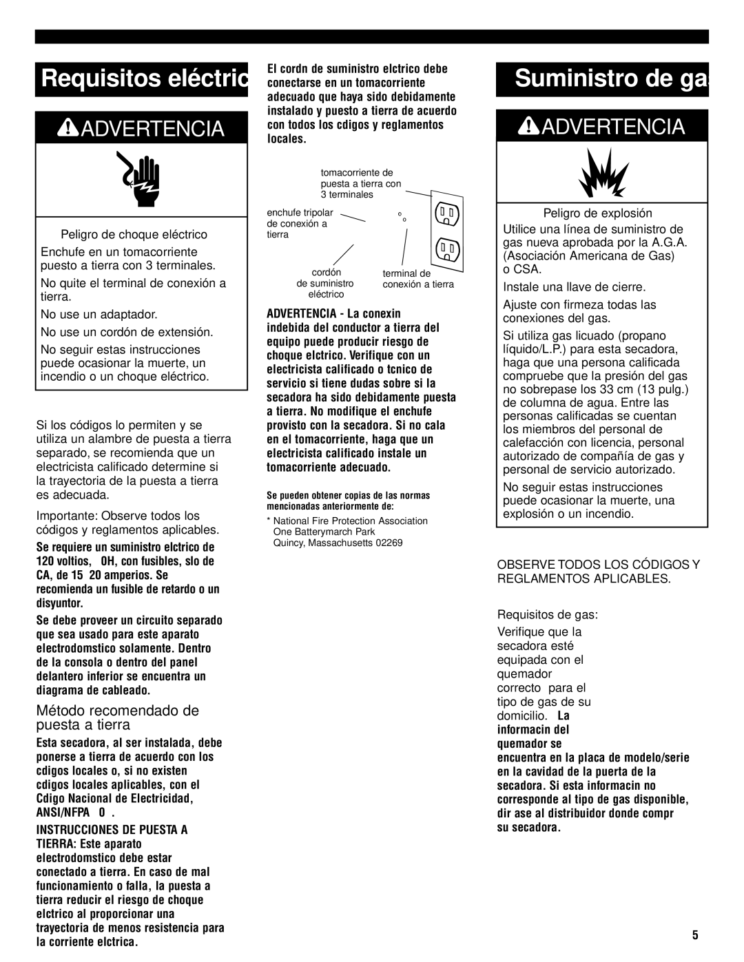 Whirlpool 8535845 installation instructions Suministro de gas, Método recomendado de puesta a tierra 