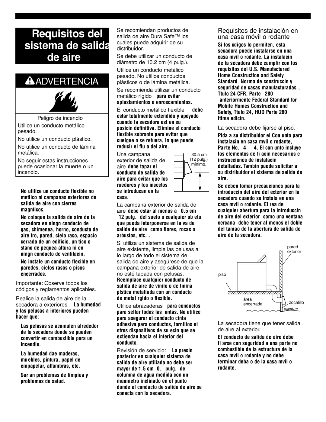 Whirlpool 8535845 Requisitos del Sistema de salida De aire, Requisitos de instalación en una casa móvil o rodante 