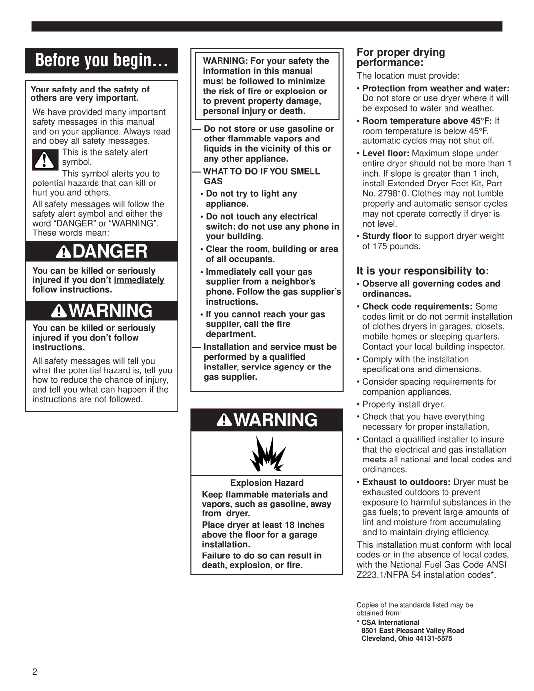 Whirlpool 8535845 For proper drying performance, It is your responsibility to, What to do if YOU Smell GAS 