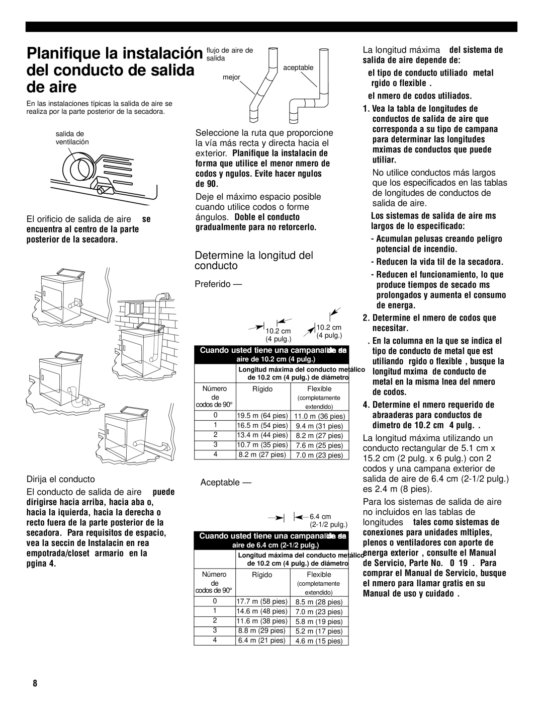 Whirlpool 8535845 installation instructions Determine la longitud del conducto, Preferido, Aceptable 