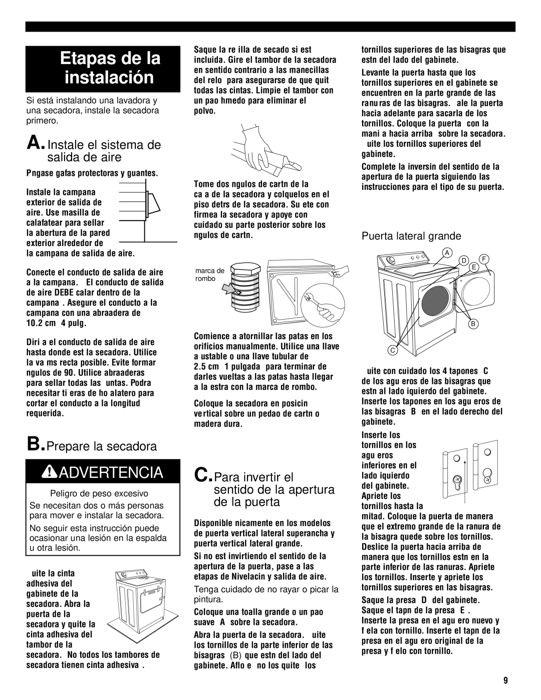 Whirlpool 8535845 Etapas de la Instalación, Instale el sistema de salida de aire, Prepare la secadora 