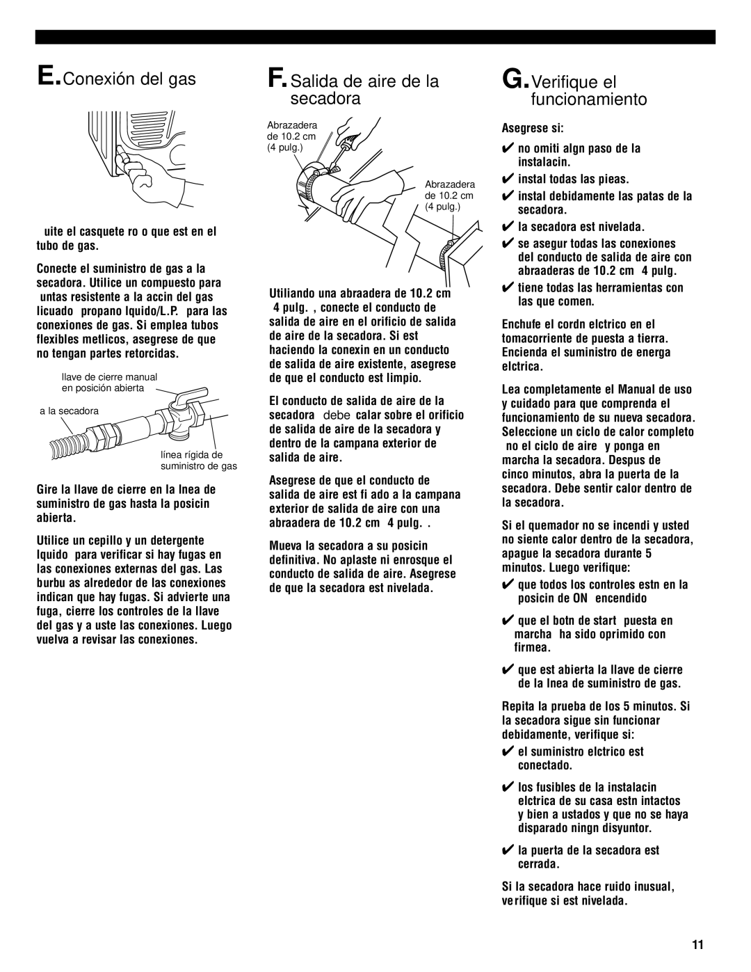 Whirlpool 8535845 installation instructions Conexión del gas, Salida de aire de la secadora, Verifique el funcionamiento 