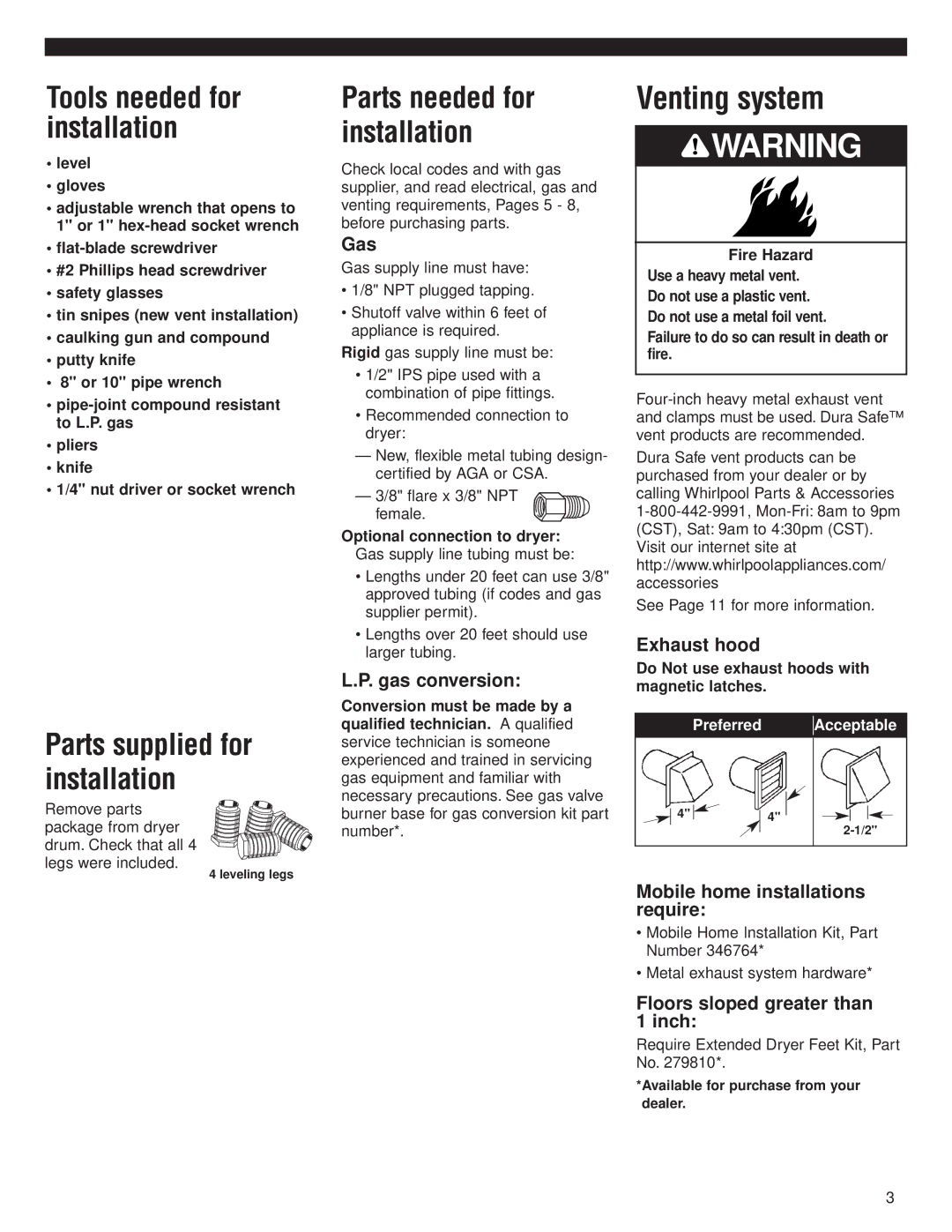 Whirlpool 8535845 installation instructions Venting system, Parts needed for installation 