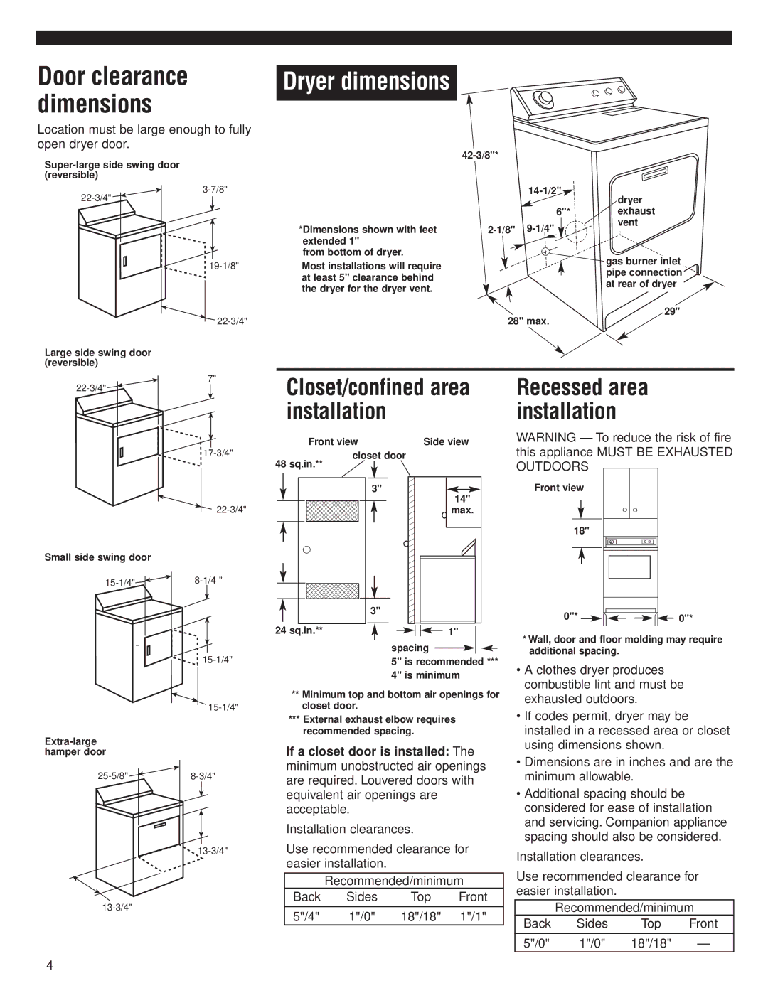 Whirlpool 8535845 installation instructions Door clearance, Dimensions, Closet/confined area installation 