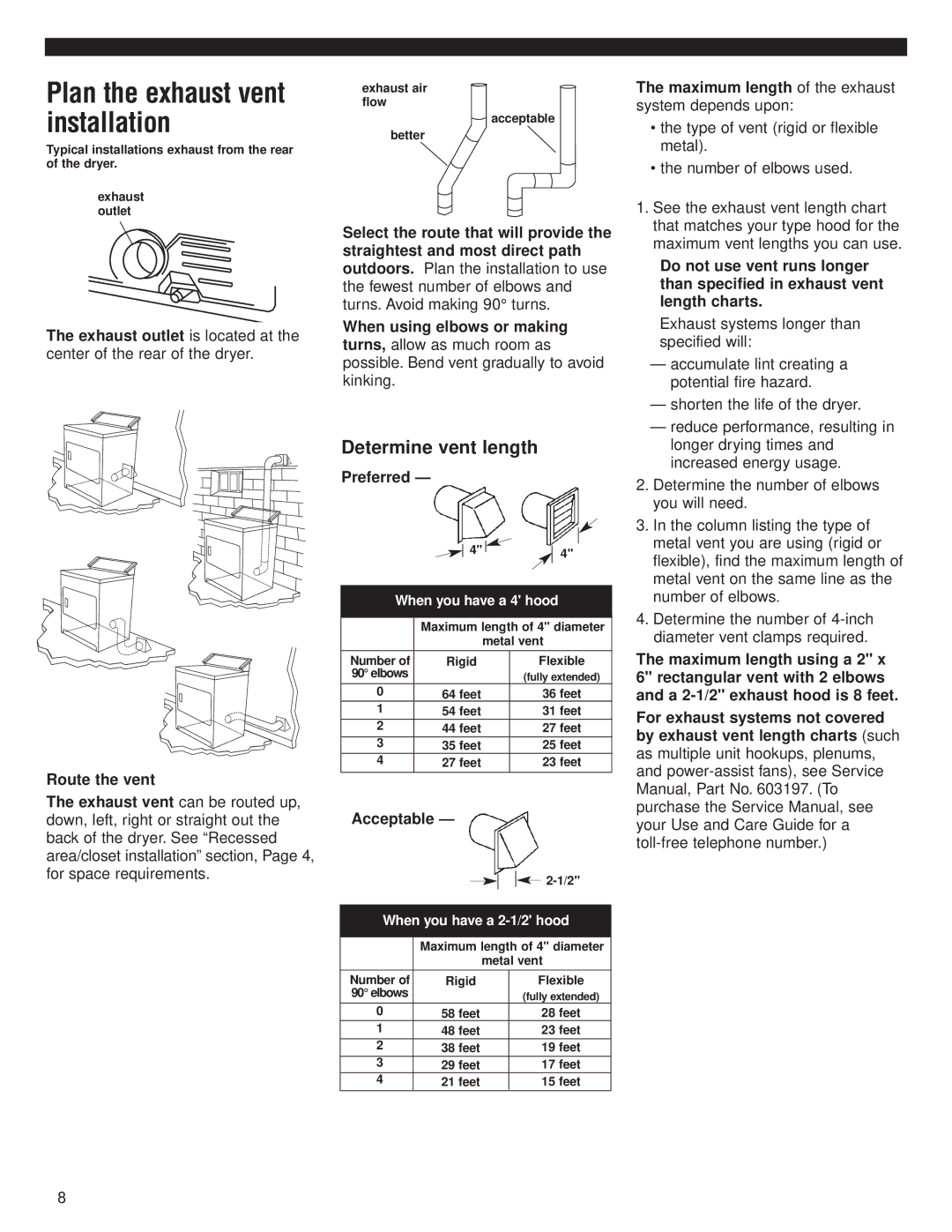 Whirlpool 8535845 Plan the exhaust vent installation, Determine vent length, Preferred, Acceptable 