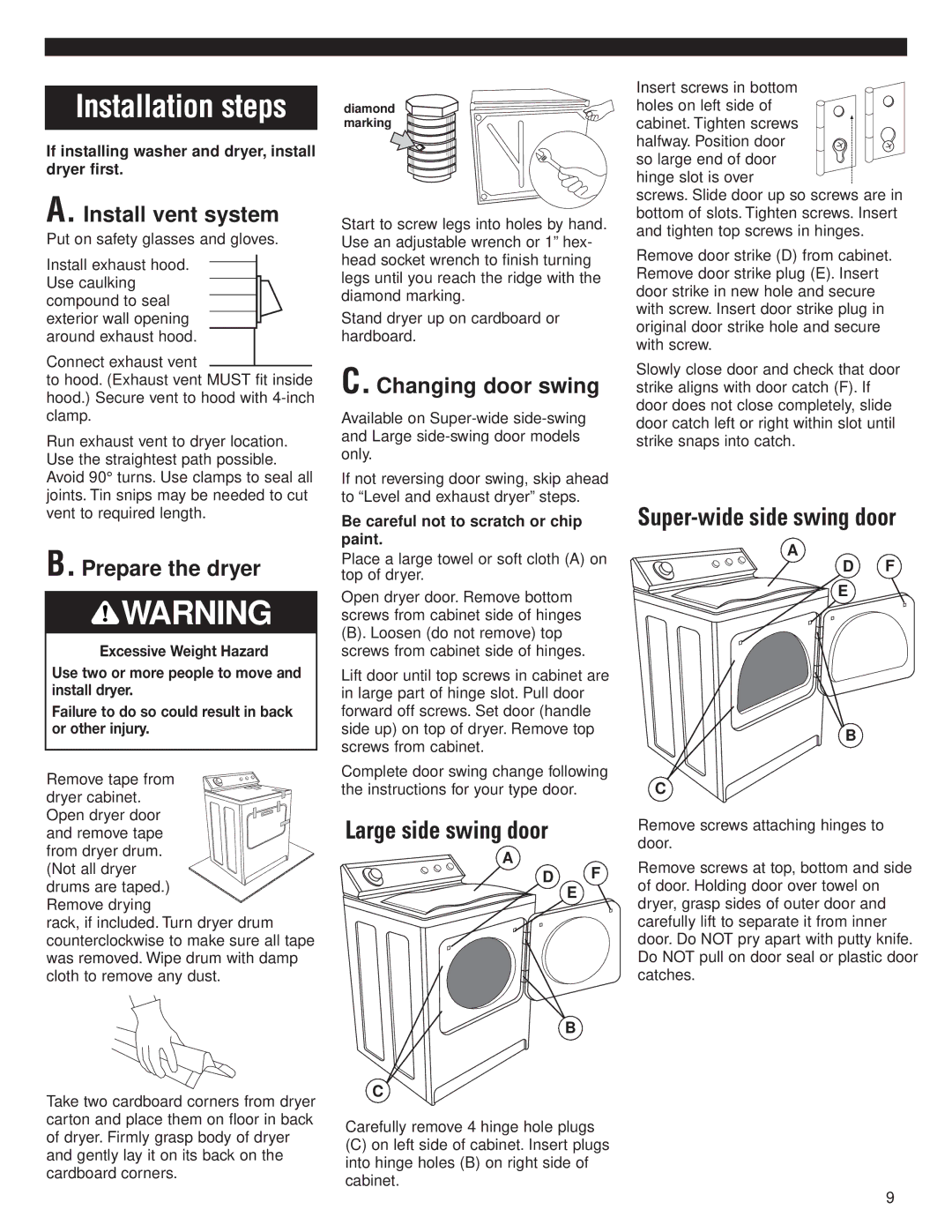 Whirlpool 8535845 installation instructions Installation steps, Install vent system, Prepare the dryer, Changing door swing 