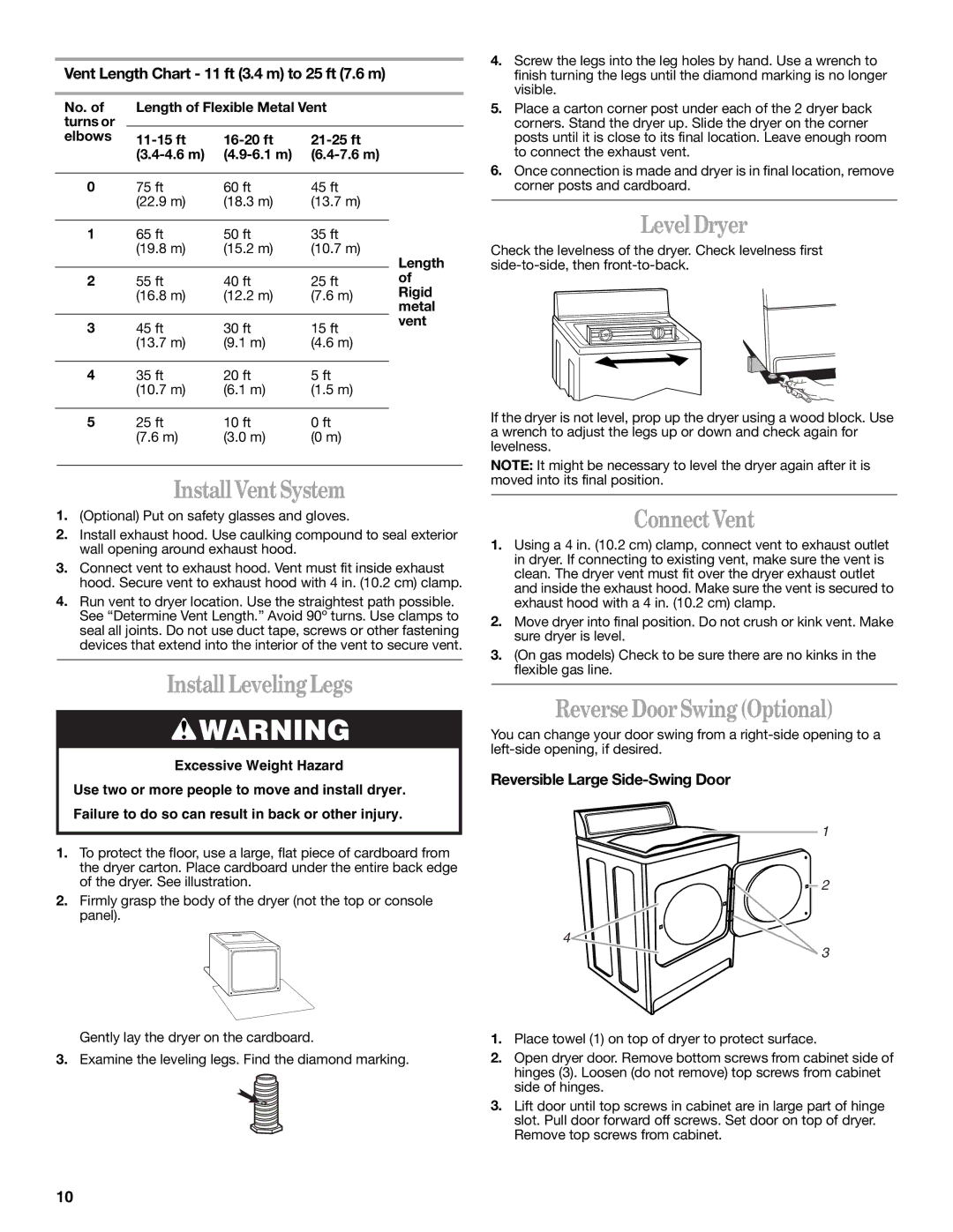 Whirlpool 8535899 Install Vent System, Install Leveling Legs, Level Dryer, Connect Vent, Reverse Door Swing Optional 