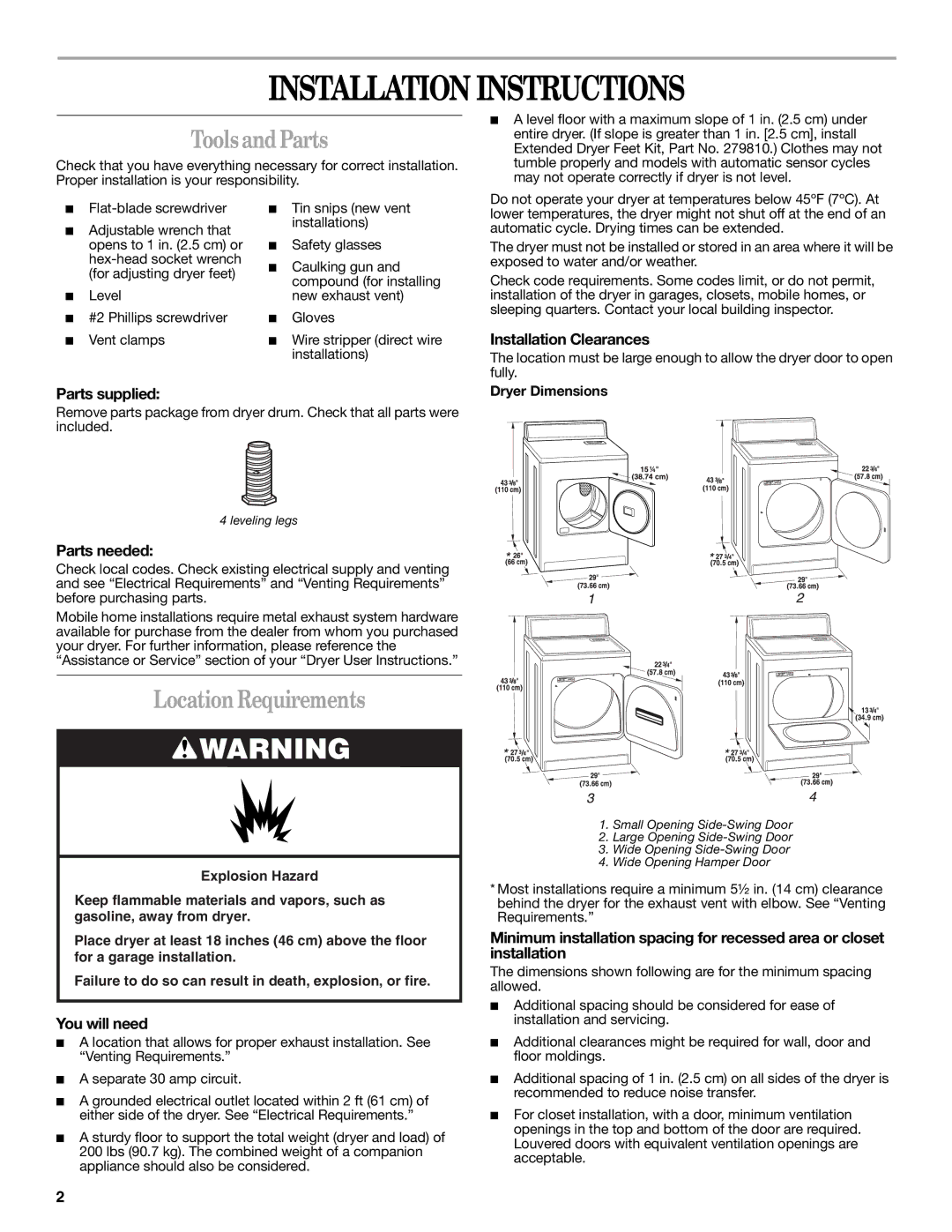 Whirlpool 8535899 installation instructions Tools and Parts, Location Requirements 