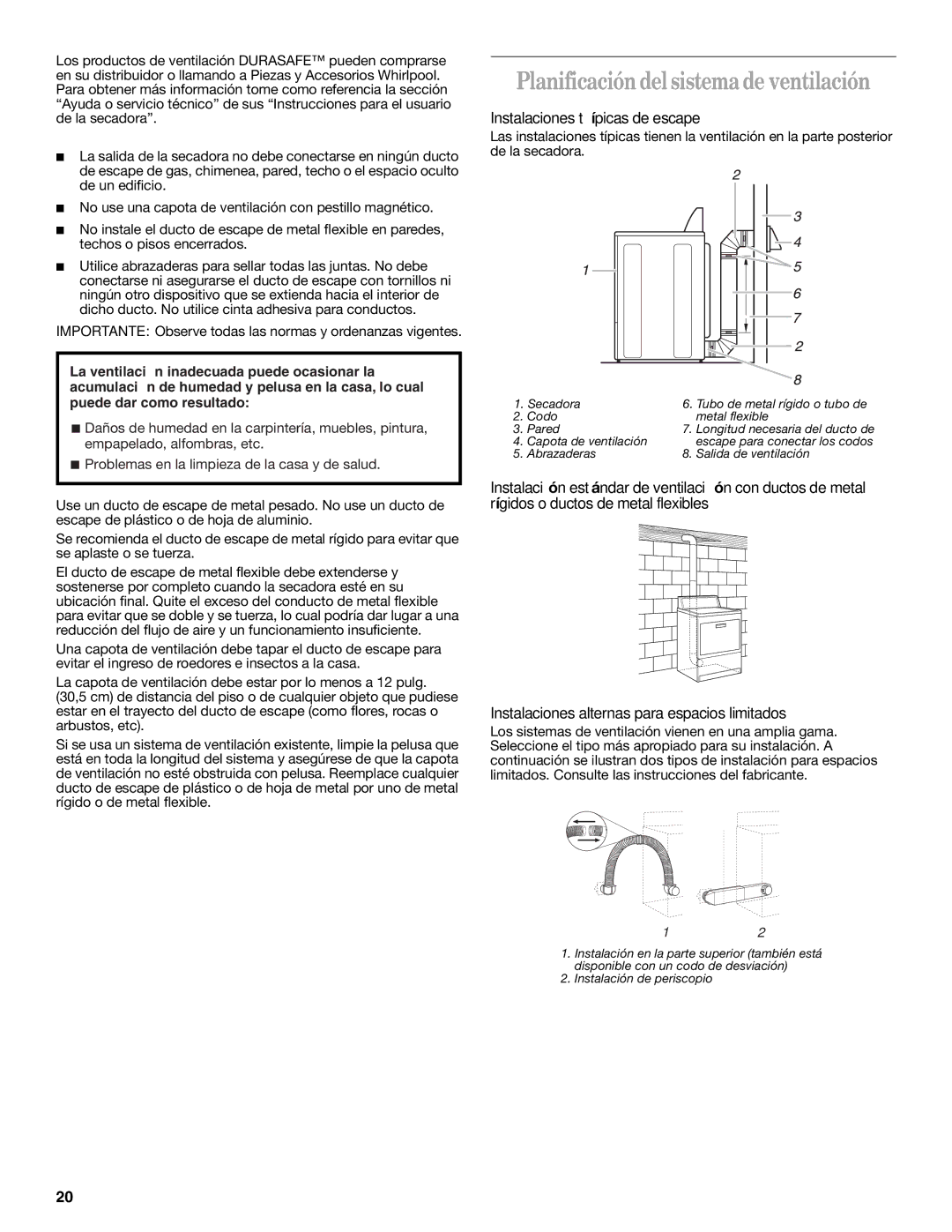 Whirlpool 8535899 installation instructions Planificación del sistema de ventilación, Instalaciones típicas de escape 