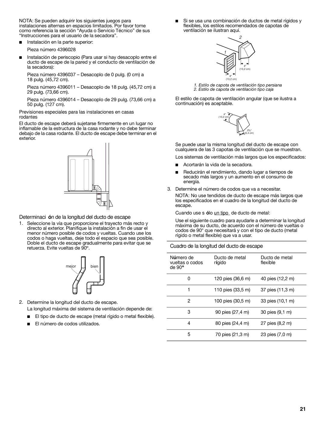 Whirlpool 8535899 Determinación de la longitud del ducto de escape, Cuadro de la longitud del ducto de escape 