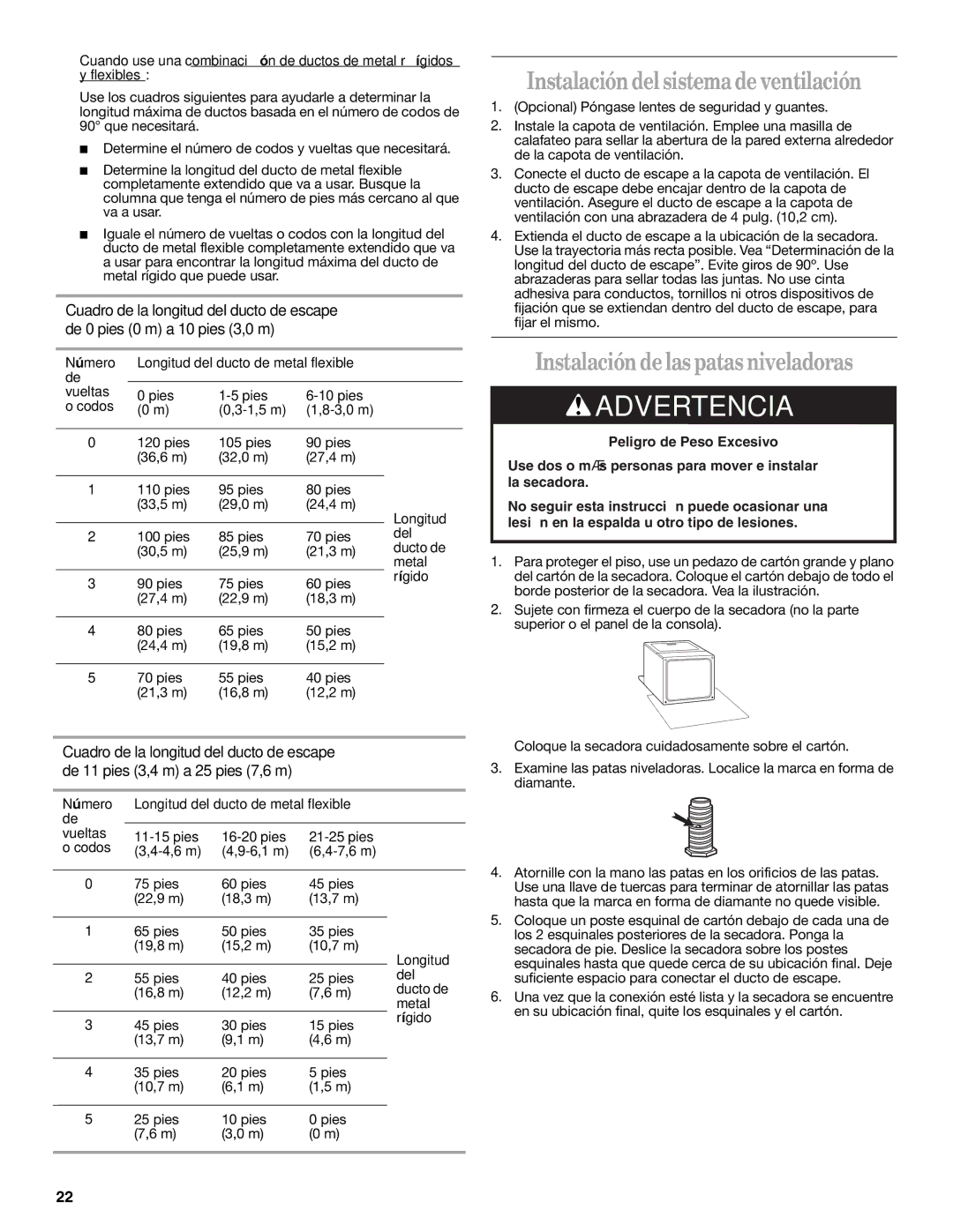 Whirlpool 8535899 Instalación del sistema de ventilación, Instalación de las patas niveladoras, Longitud, Del, Ducto de 