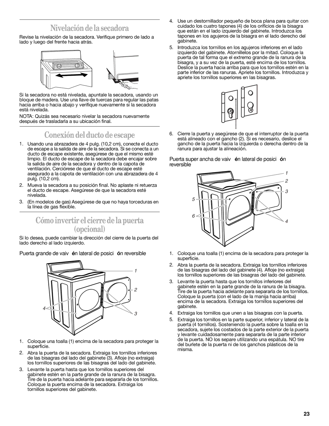 Whirlpool 8535899 Nivelación de la secadora, Conexión del ducto de escape, Cómo invertir el cierre de la puerta Opcional 