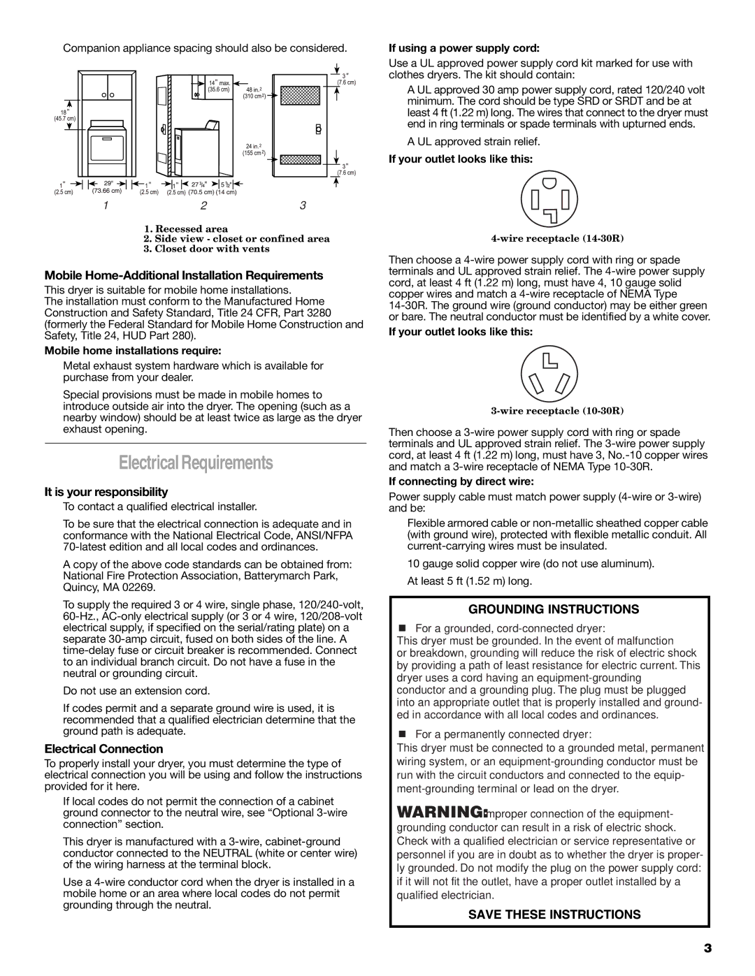 Whirlpool 8535899 Electrical Requirements, Mobile Home-Additional Installation Requirements, It is your responsibility 