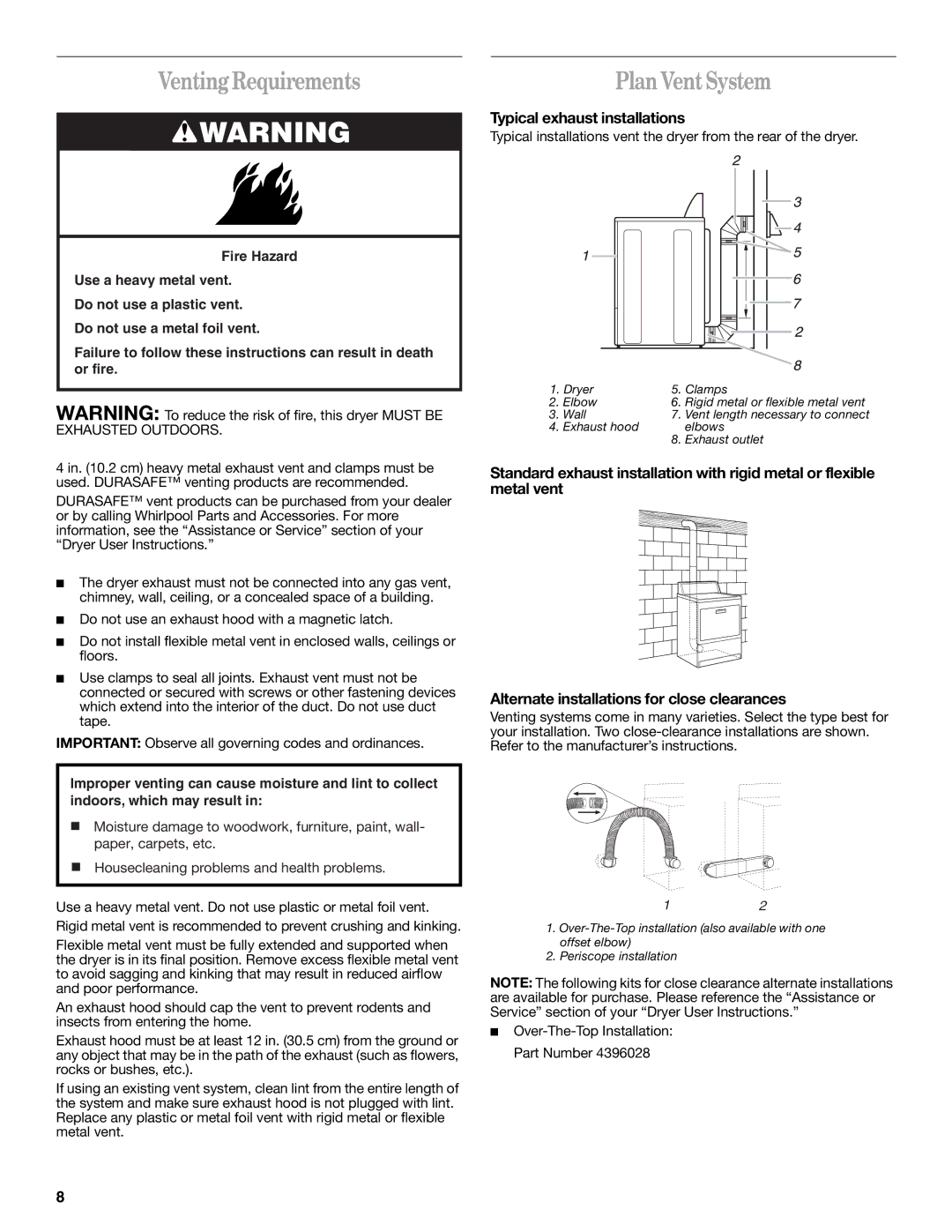 Whirlpool 8535899 installation instructions Venting Requirements, Plan Vent System, Typical exhaust installations 