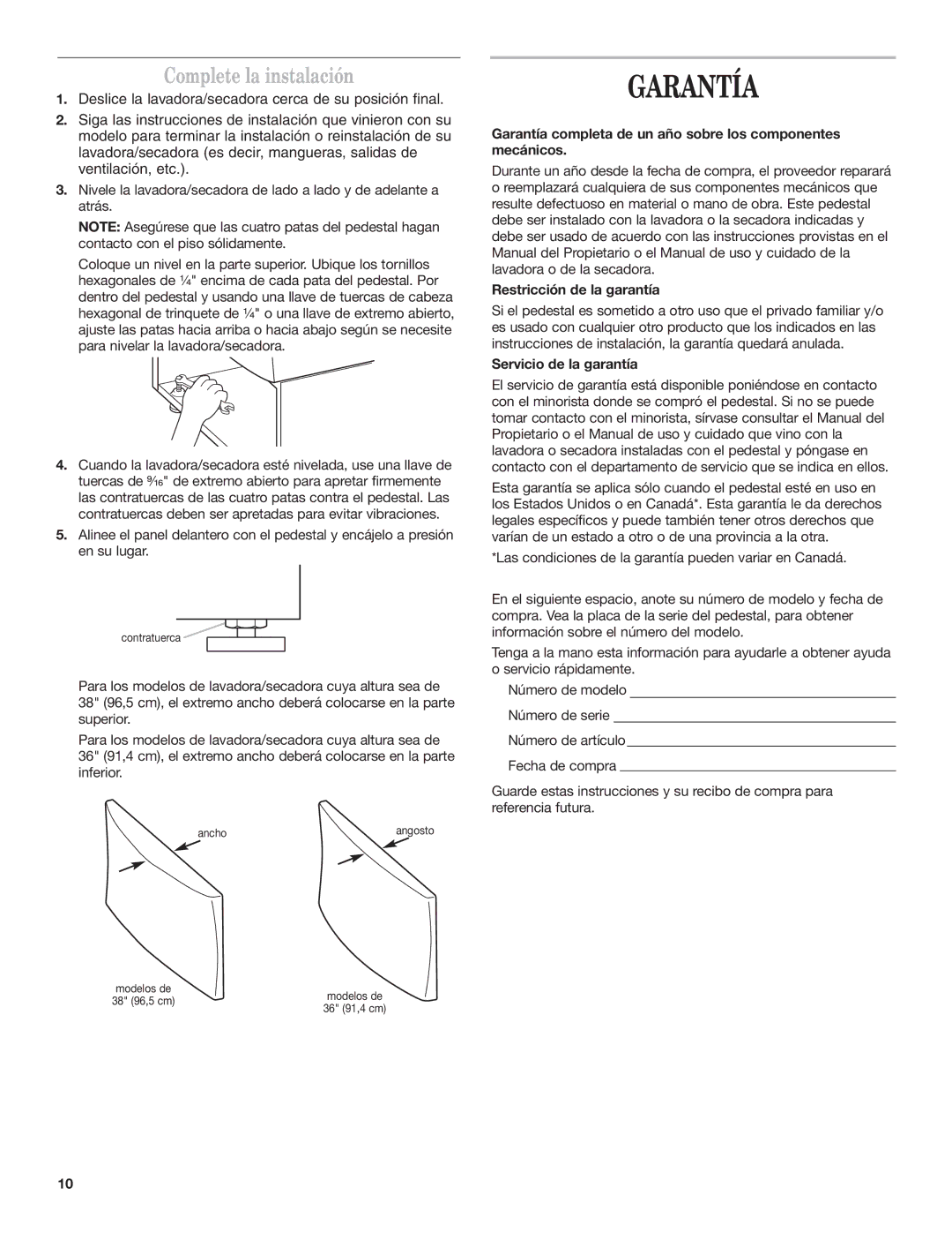 Whirlpool 8543738B installation instructions Garantía, Complete la instalación 