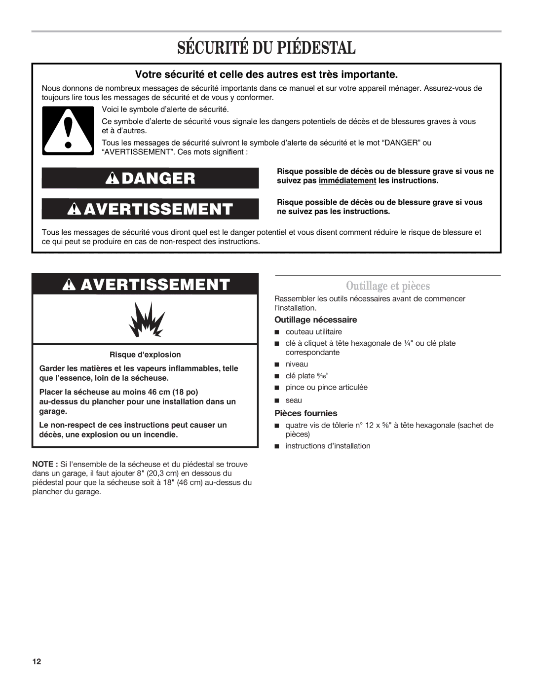 Whirlpool 8543738B Sécurité DU Piédestal, Outillage et pièces, Outillage nécessaire, Pièces fournies 