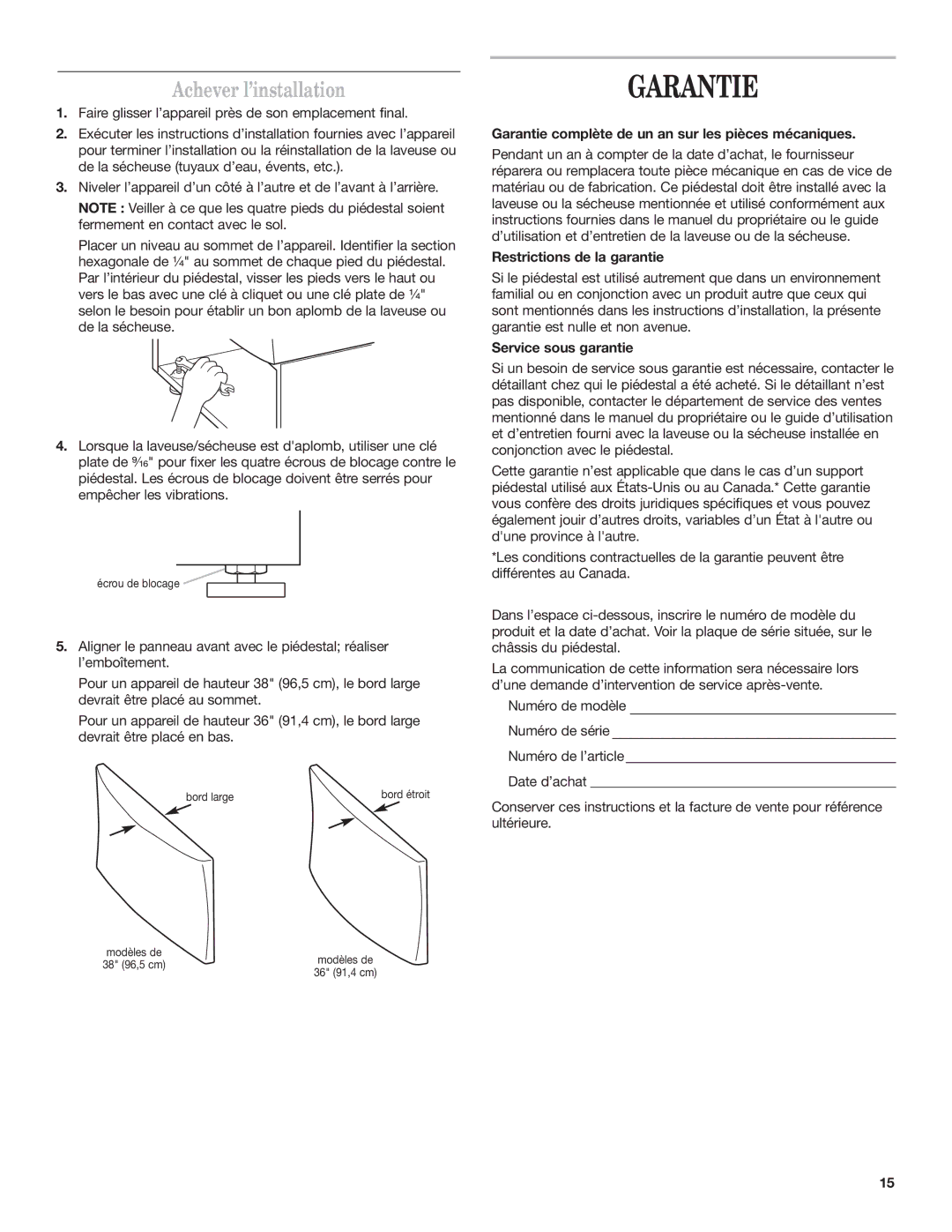 Whirlpool 8543738B installation instructions Garantie, Achever l’installation 