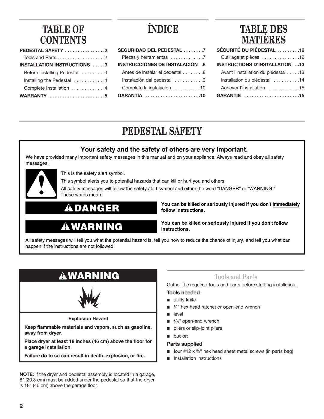 Whirlpool 8543738B installation instructions Contents, Índice, Table DES Matières, Pedestal Safety 