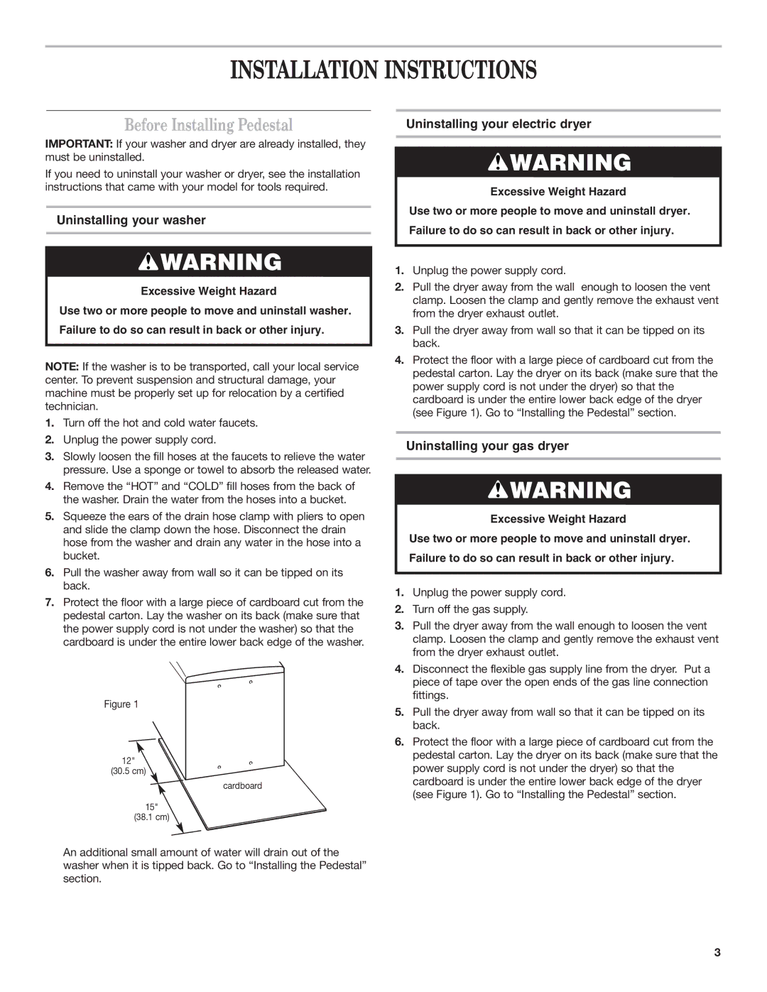 Whirlpool 8543738B Installation Instructions, Before Installing Pedestal, Uninstalling your washer 