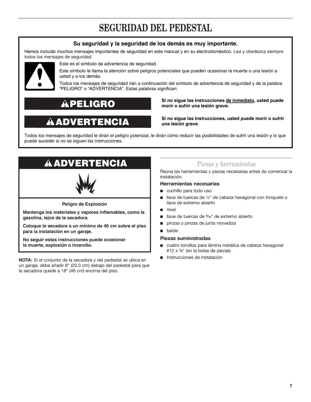 Whirlpool 8543738B Seguridad DEL Pedestal, Piezas y herramientas, Herramientas necesarias, Piezas suministradas 