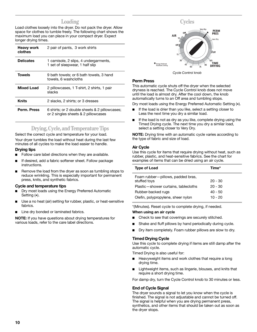 Whirlpool 8562113 manual Loading, Drying,Cycle,andTemperatureTips, Cycles 