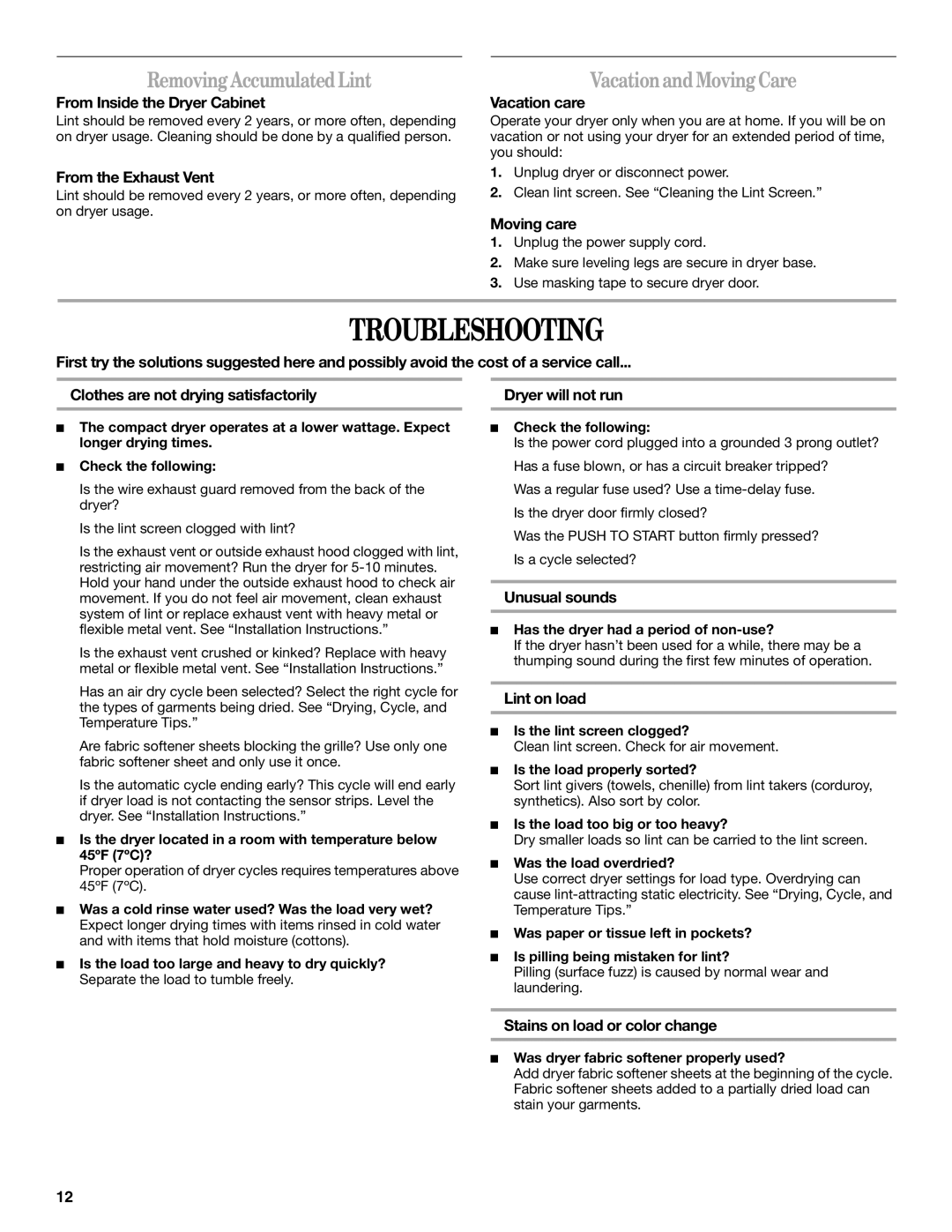 Whirlpool 8562113 manual Troubleshooting, RemovingAccumulatedLint, VacationandMovingCare 