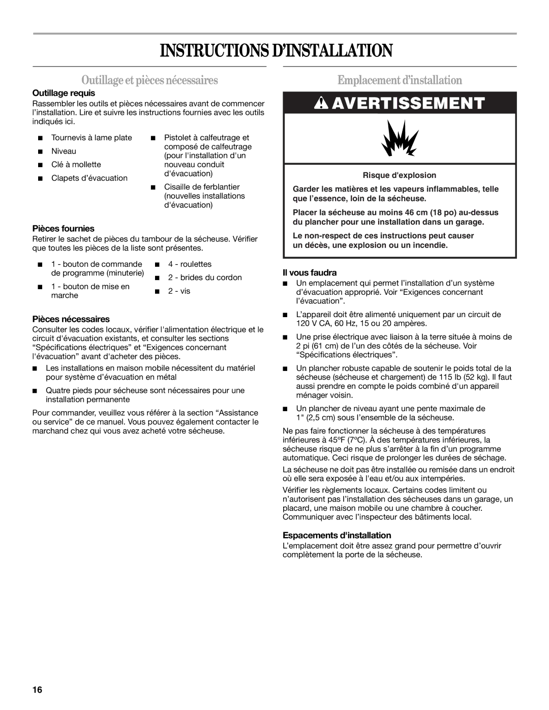 Whirlpool 8562113 manual Instructions D’INSTALLATION, Outillageetpièces nécessaires, Emplacementd’installation 