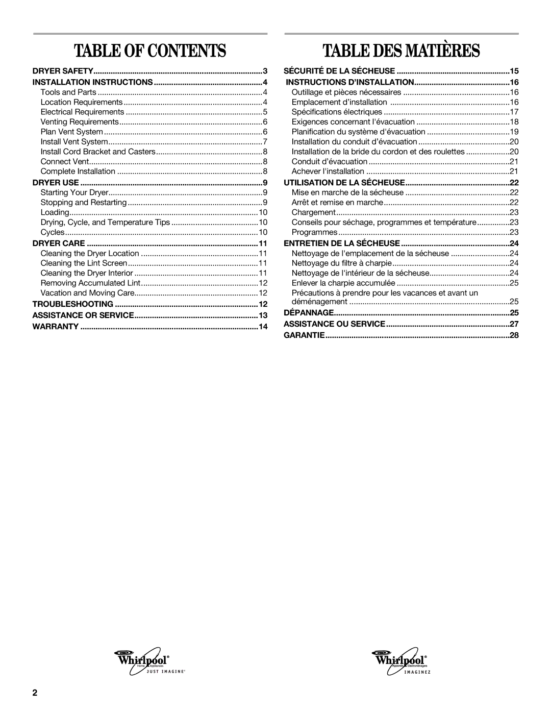 Whirlpool 8562113 manual Table DES Matières 