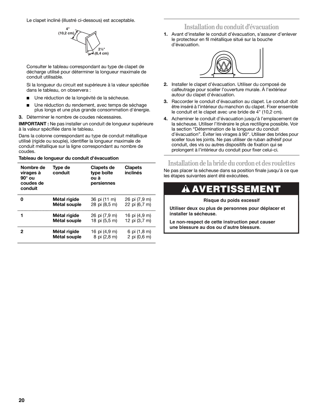 Whirlpool 8562113 manual Installation du conduitd’évacuation, Installation dela brideducordonetdes roulettes 